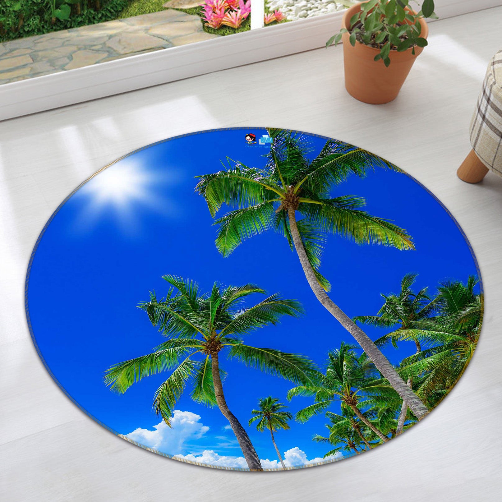 3D Coconut Tree 72127 Round Non Slip Rug Mat