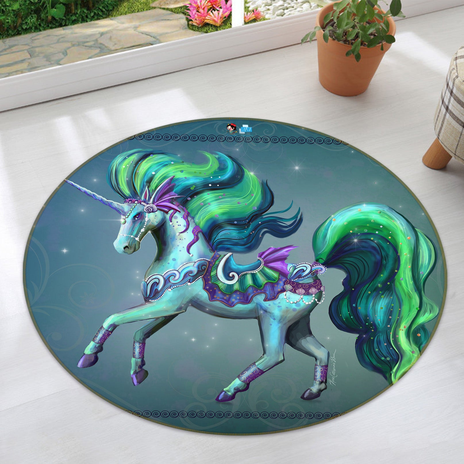 3D Green Unicorn 83168 Rose Catherine Khan Rug Round Non Slip Rug Mat