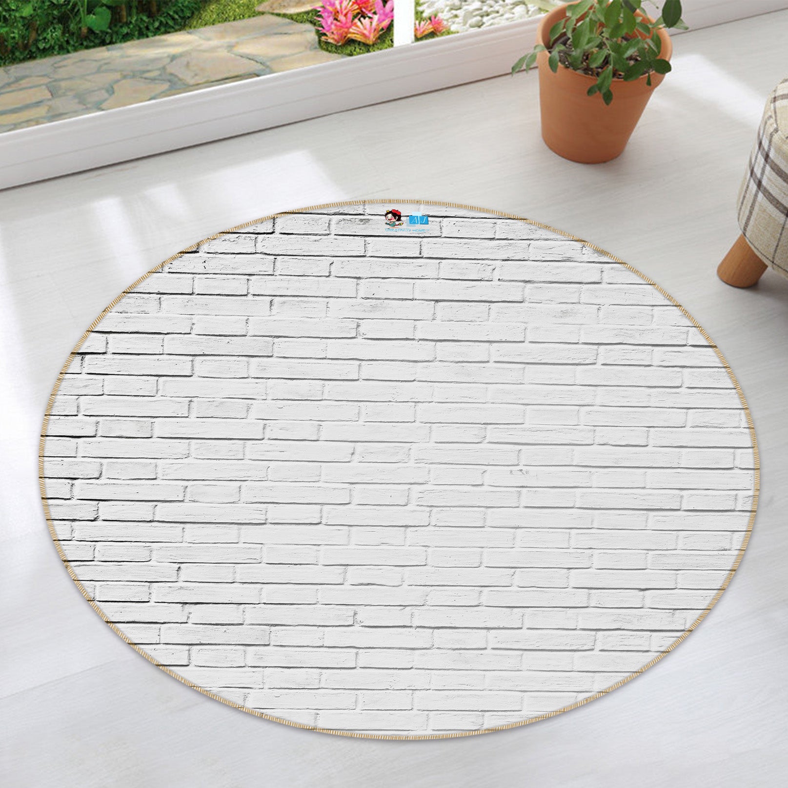 3D White Brick Wall 74006 Round Non Slip Rug Mat