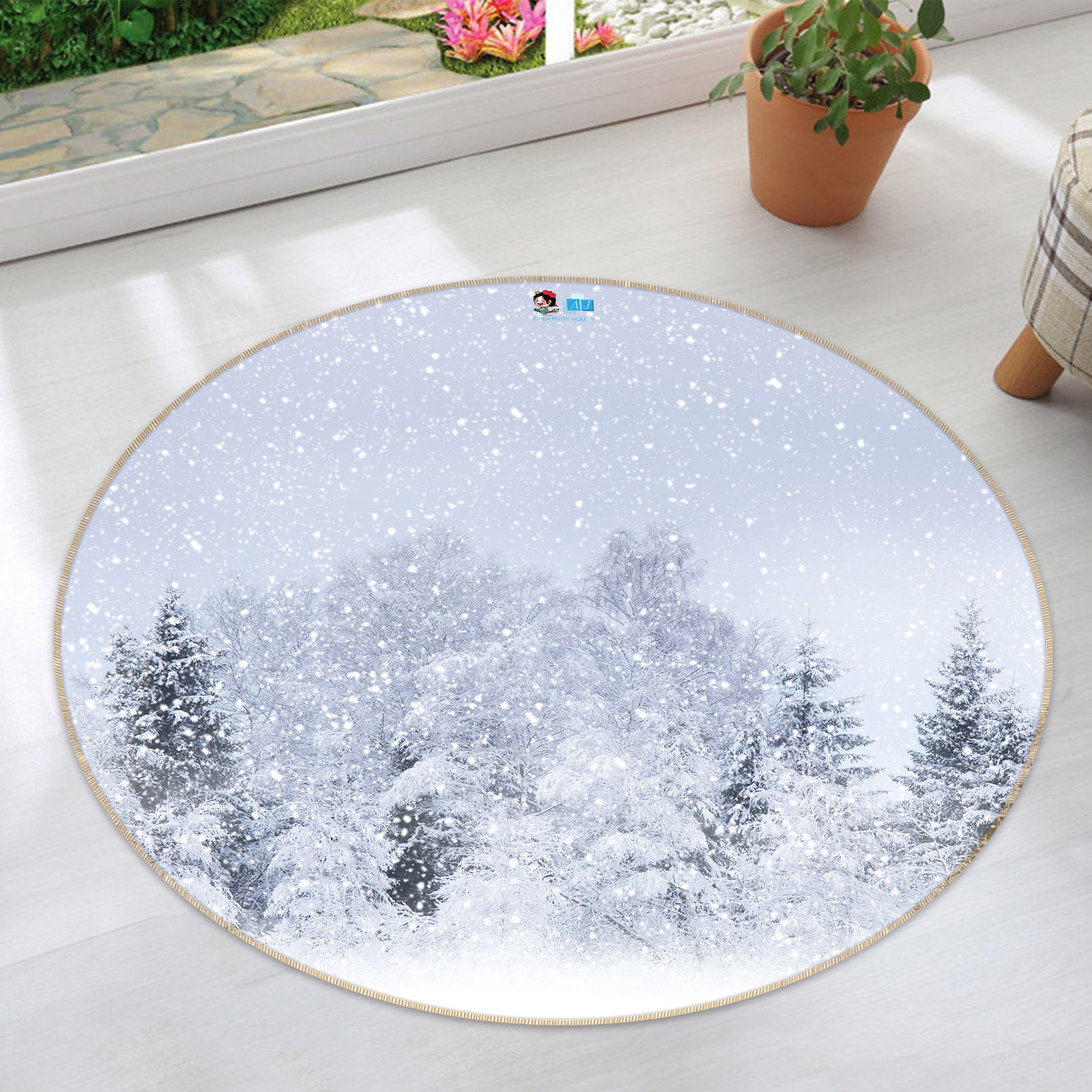 3D Forest Snow Scene 80205 Round Non Slip Rug Mat