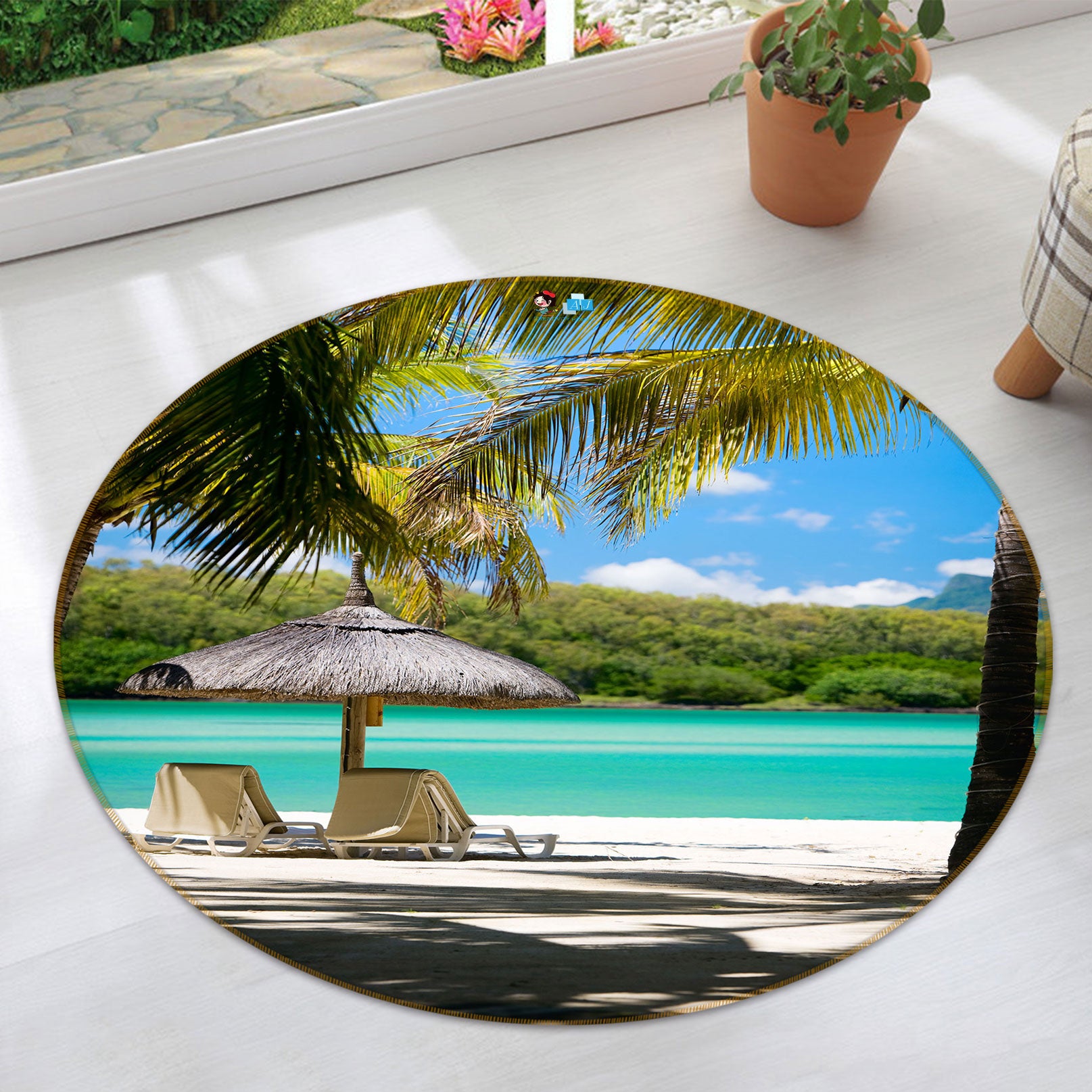 3D Beach Coconut Tree 72142 Round Non Slip Rug Mat