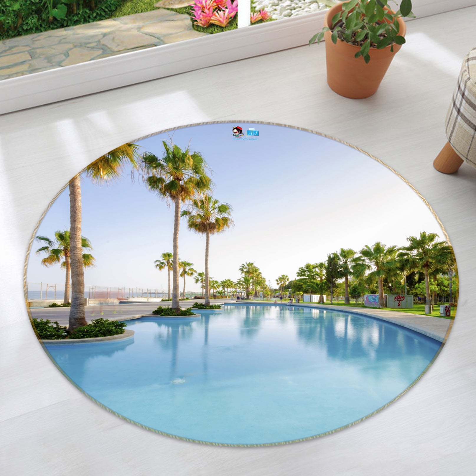 3D Swimming Pool Coconut Tree 74147 Round Non Slip Rug Mat