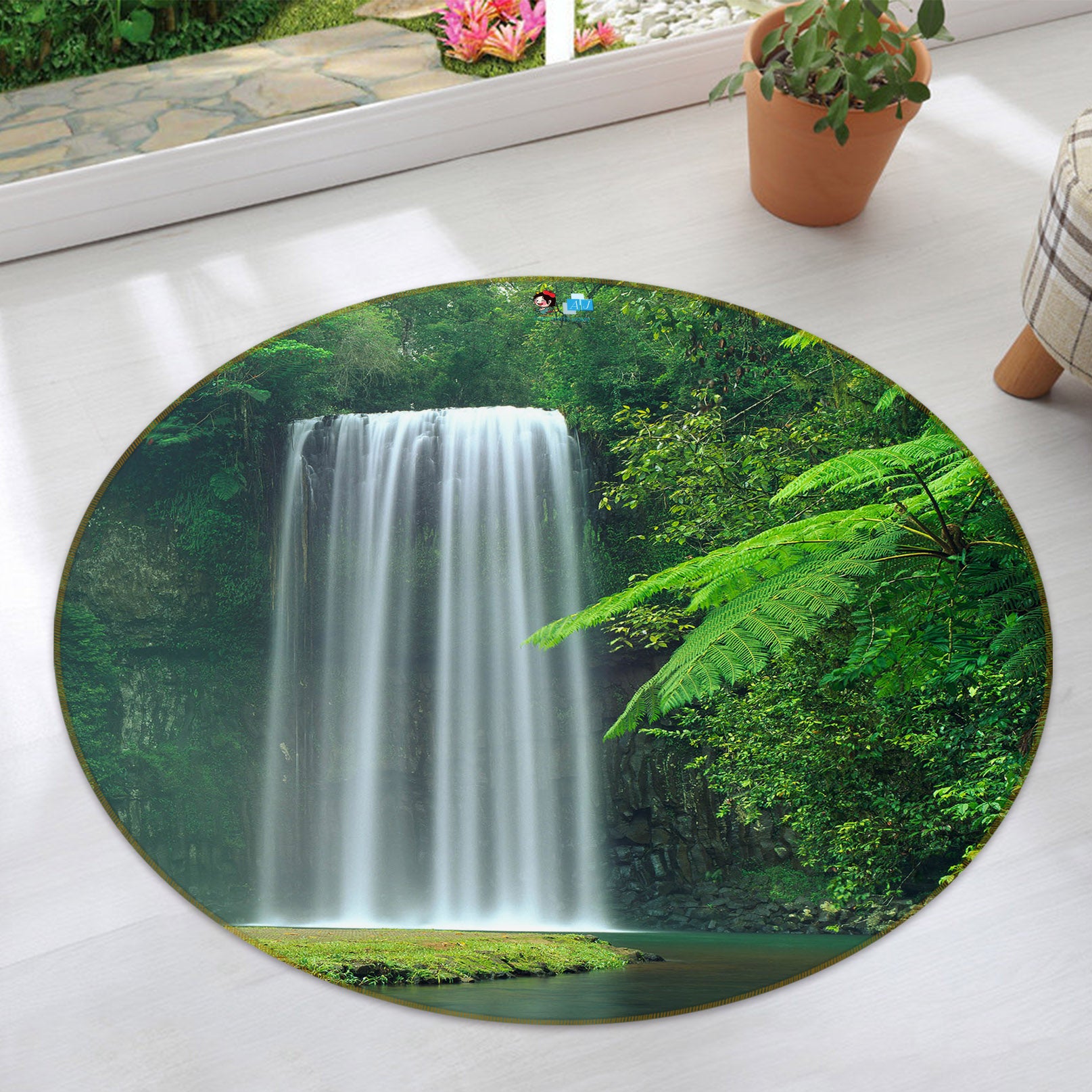 3D Waterfall Jungle 74073 Round Non Slip Rug Mat