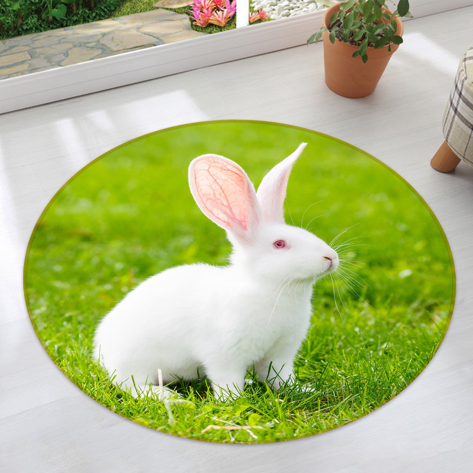 3D White Rabbit 38004 Animal Round Non Slip Rug Mat