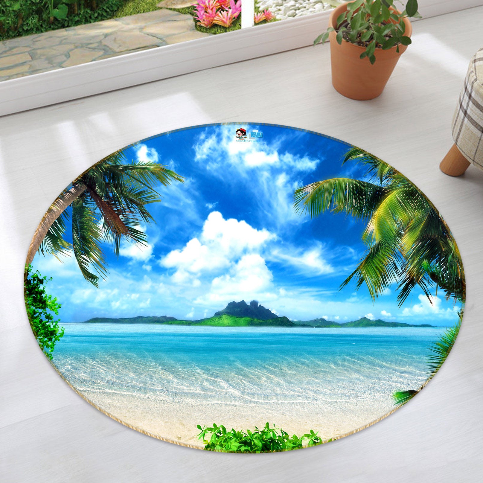 3D Beach Coconut Tree 80261 Round Non Slip Rug Mat