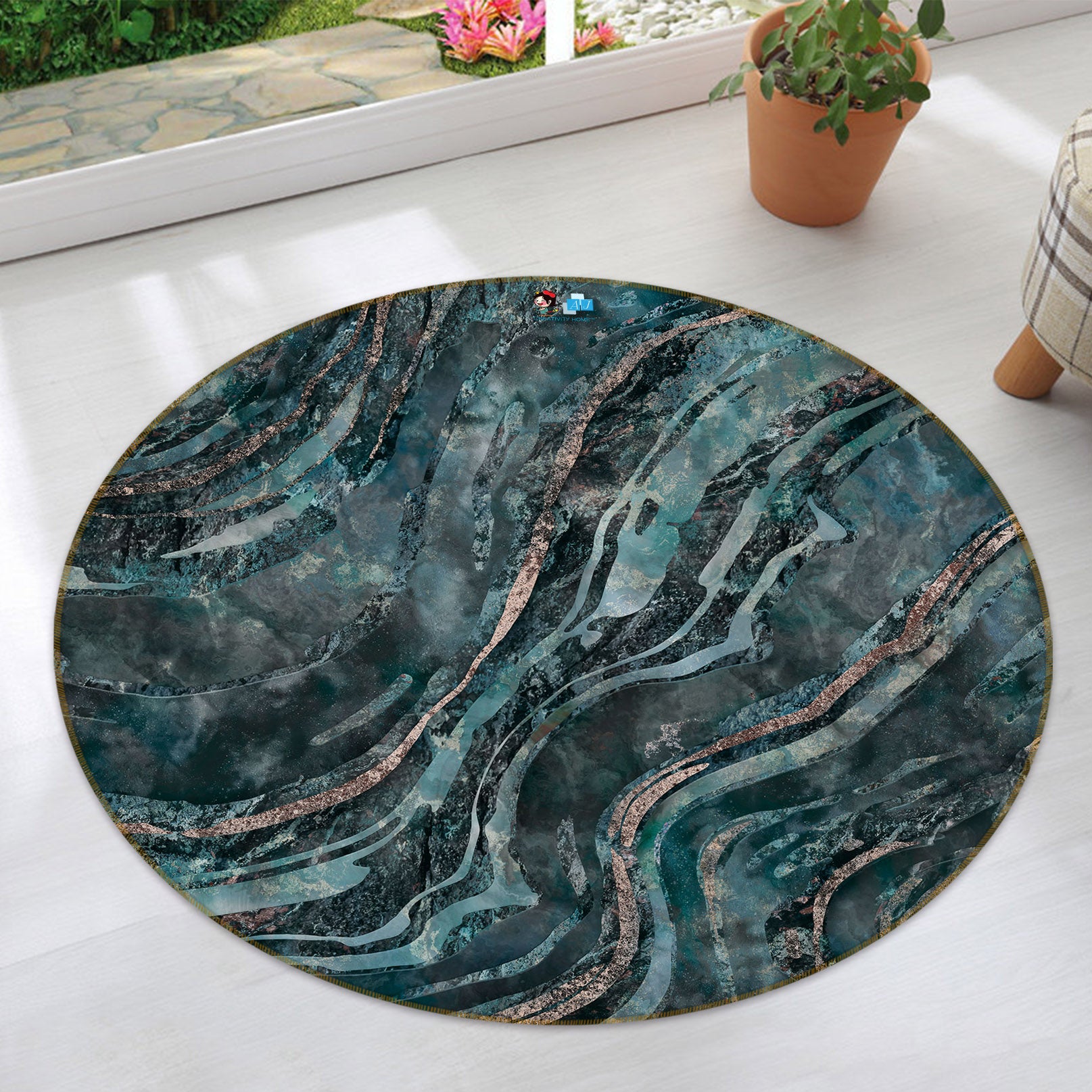3D Dark Green Curve Lines 83068 Andrea haase Rug Round Non Slip Rug Mat