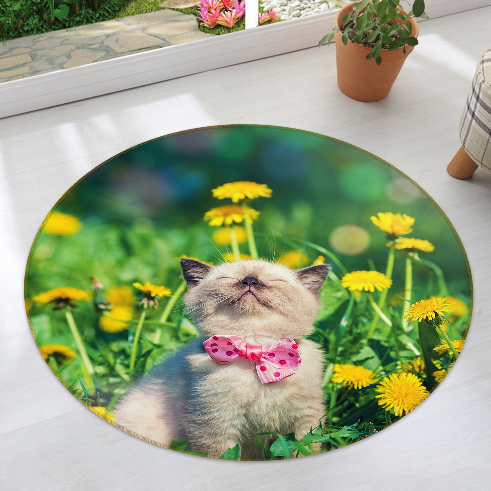 3D Flower Kitten 29111 Round Non Slip Rug Mat