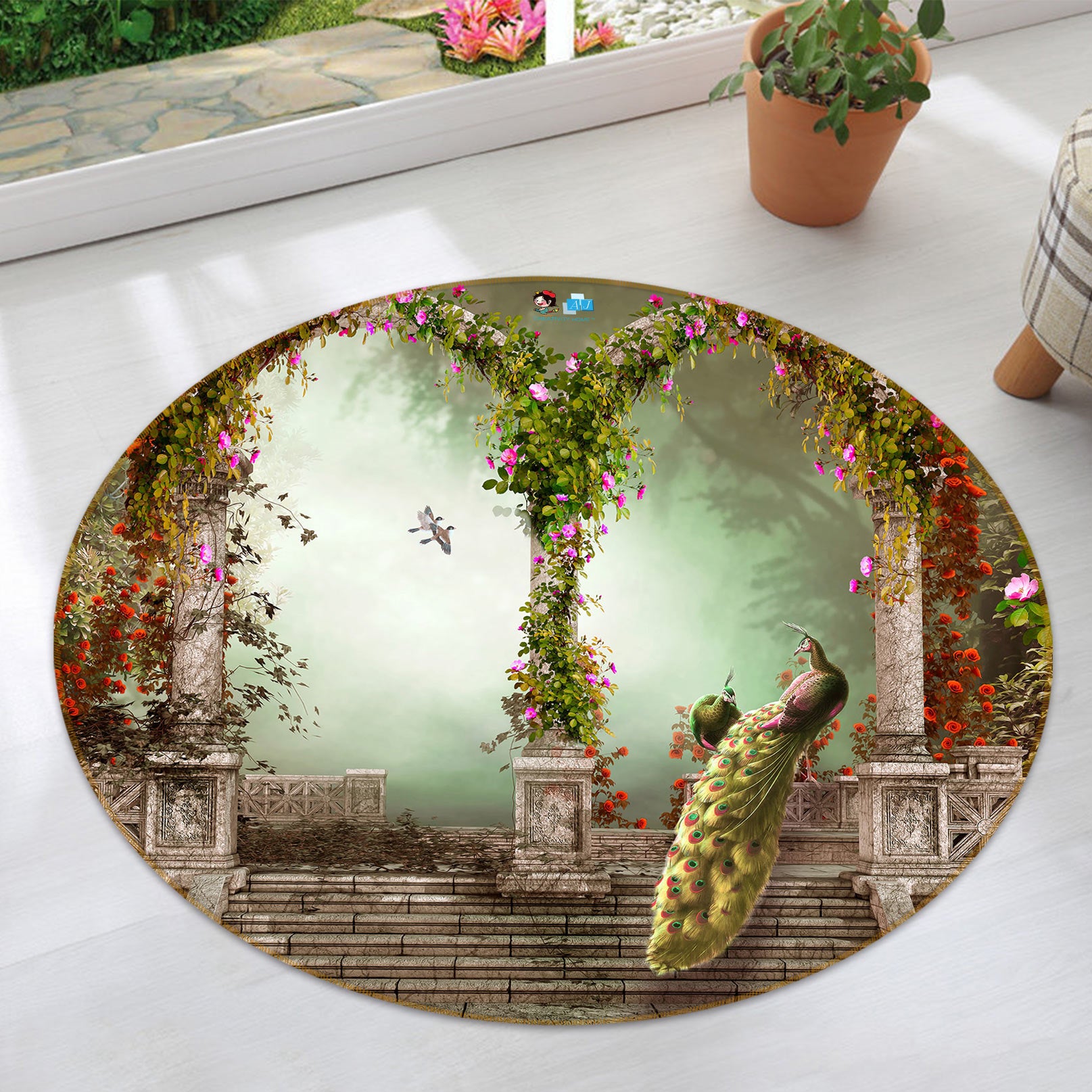 3D Arch Flower Vine 80258 Round Non Slip Rug Mat