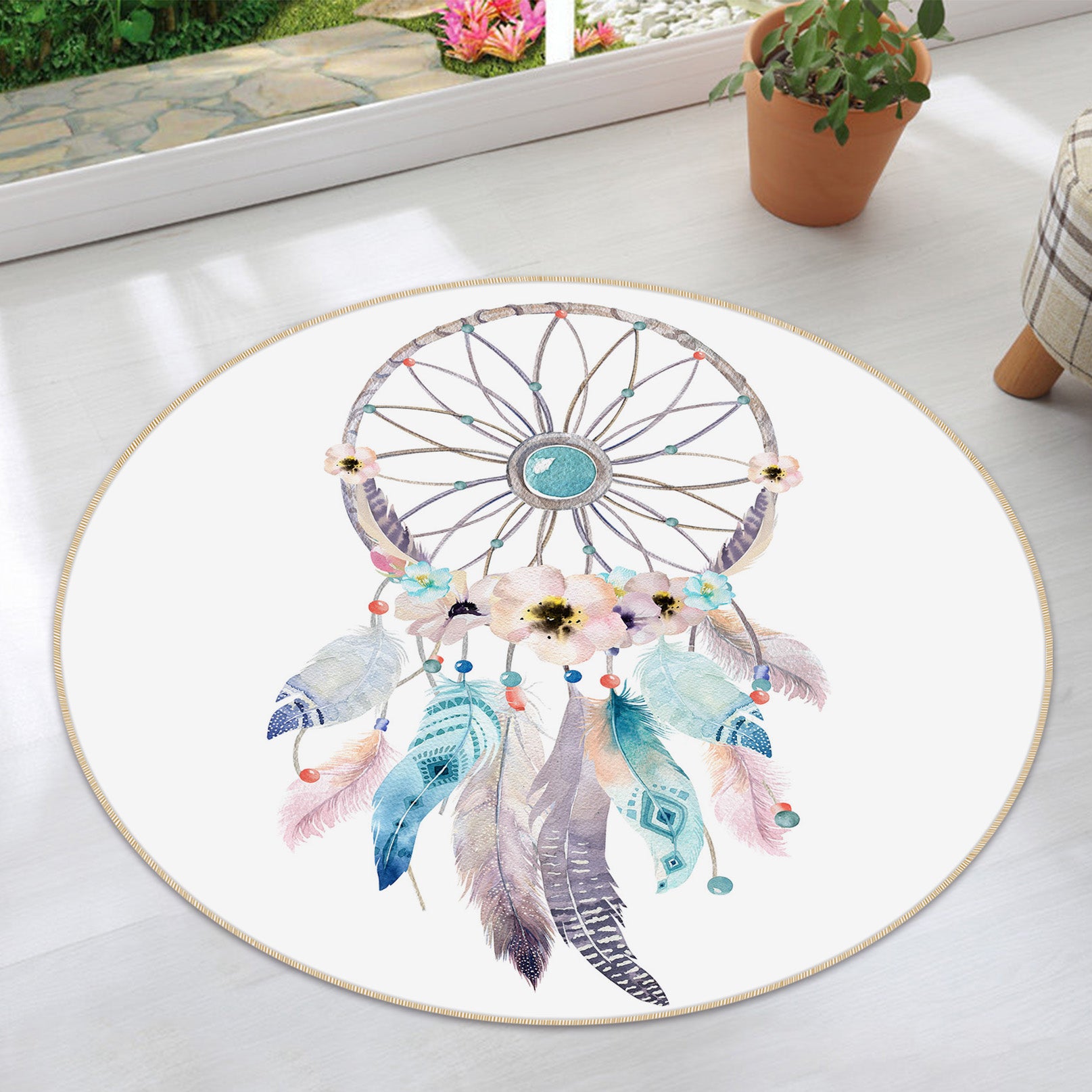 3D White Dreamcatcher 29076 Round Non Slip Rug Mat