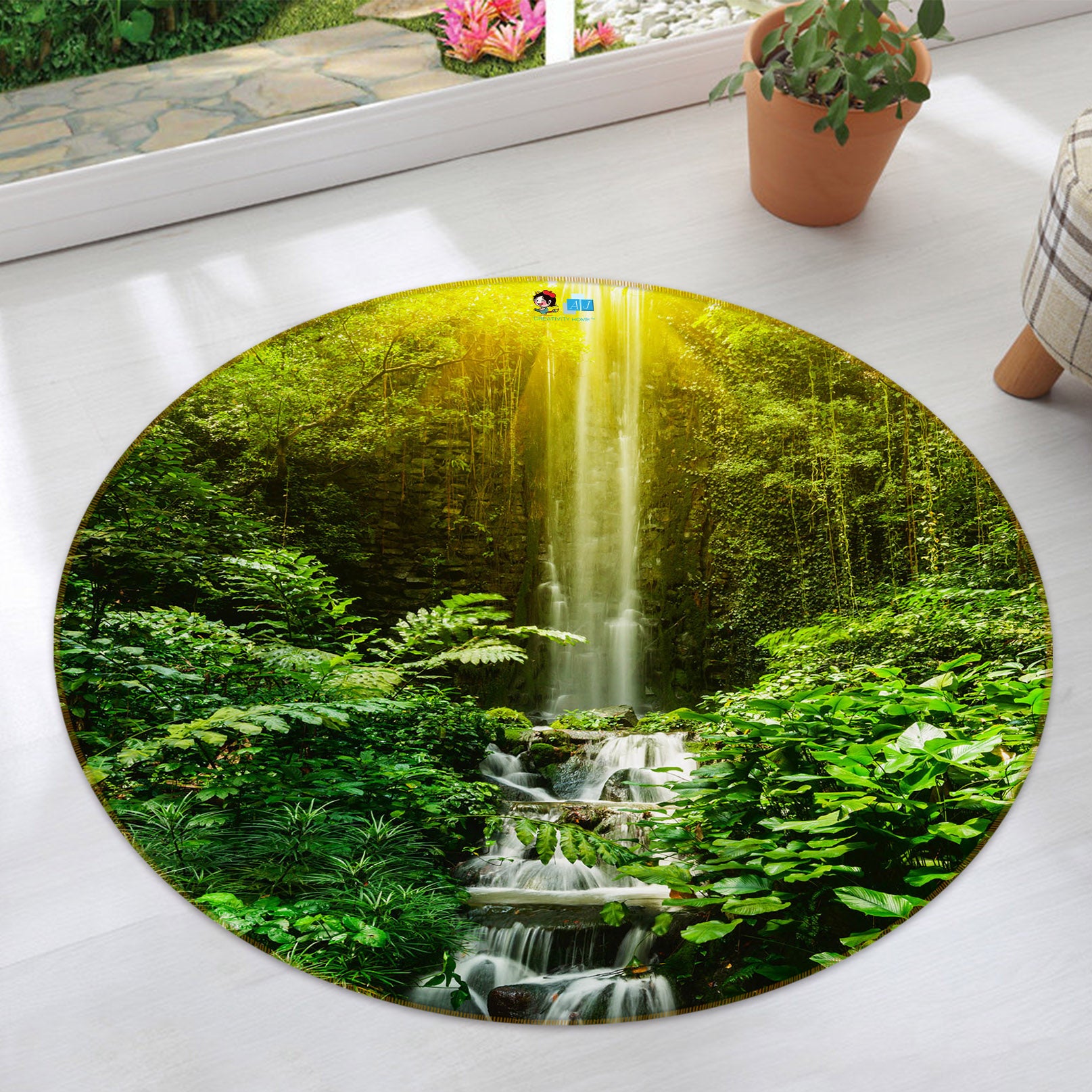 3D Jungle Waterfall 69052 Round Non Slip Rug Mat