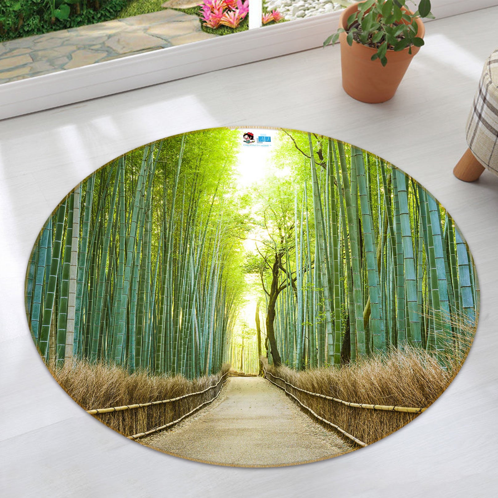 3D Bamboo Forest Wooden Bridge 81019 Round Non Slip Rug Mat
