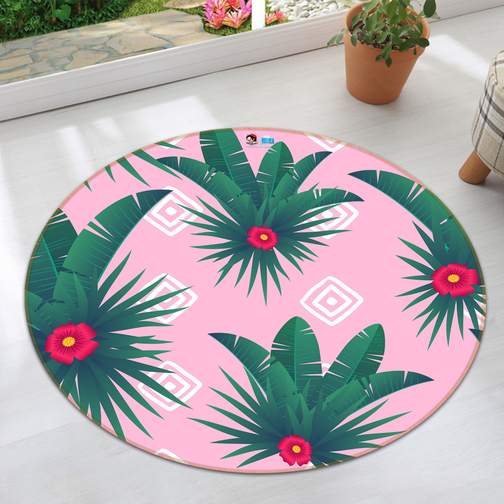 3D Leaf Pattern 71289 Round Non Slip Rug Mat