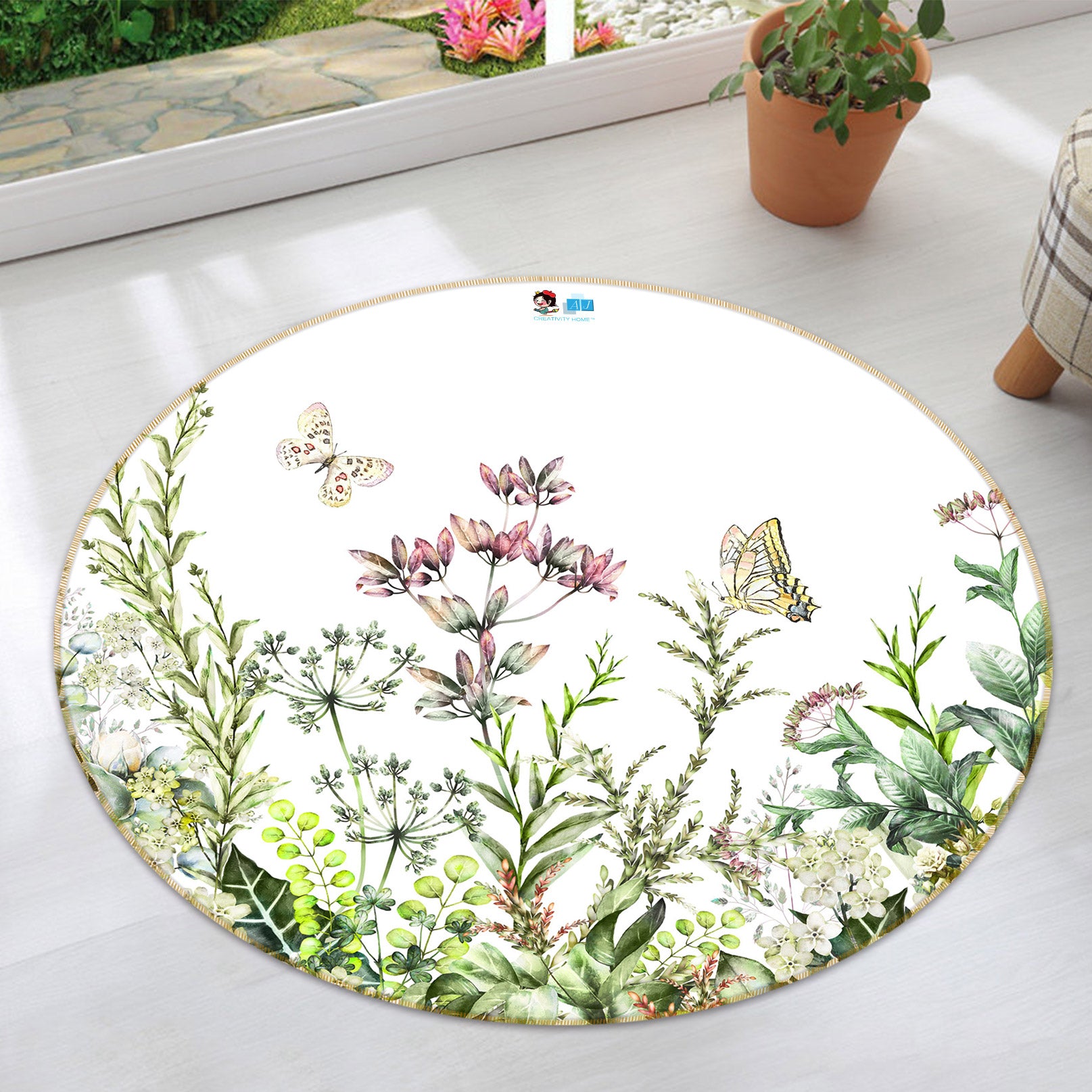 3D Hand Painted Flower Bush 80232 Round Non Slip Rug Mat
