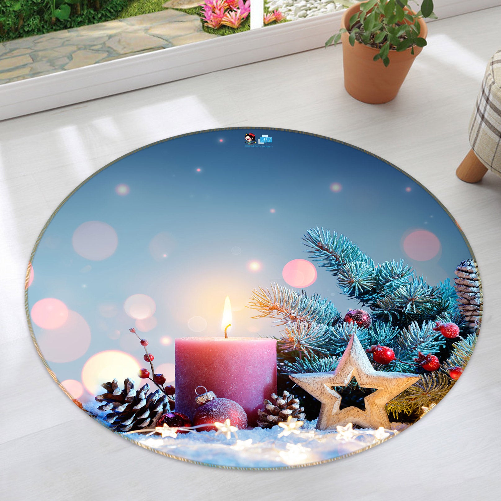 3D Candle Five-Pointed Star 54054 Christmas Round Non Slip Rug Mat Xmas