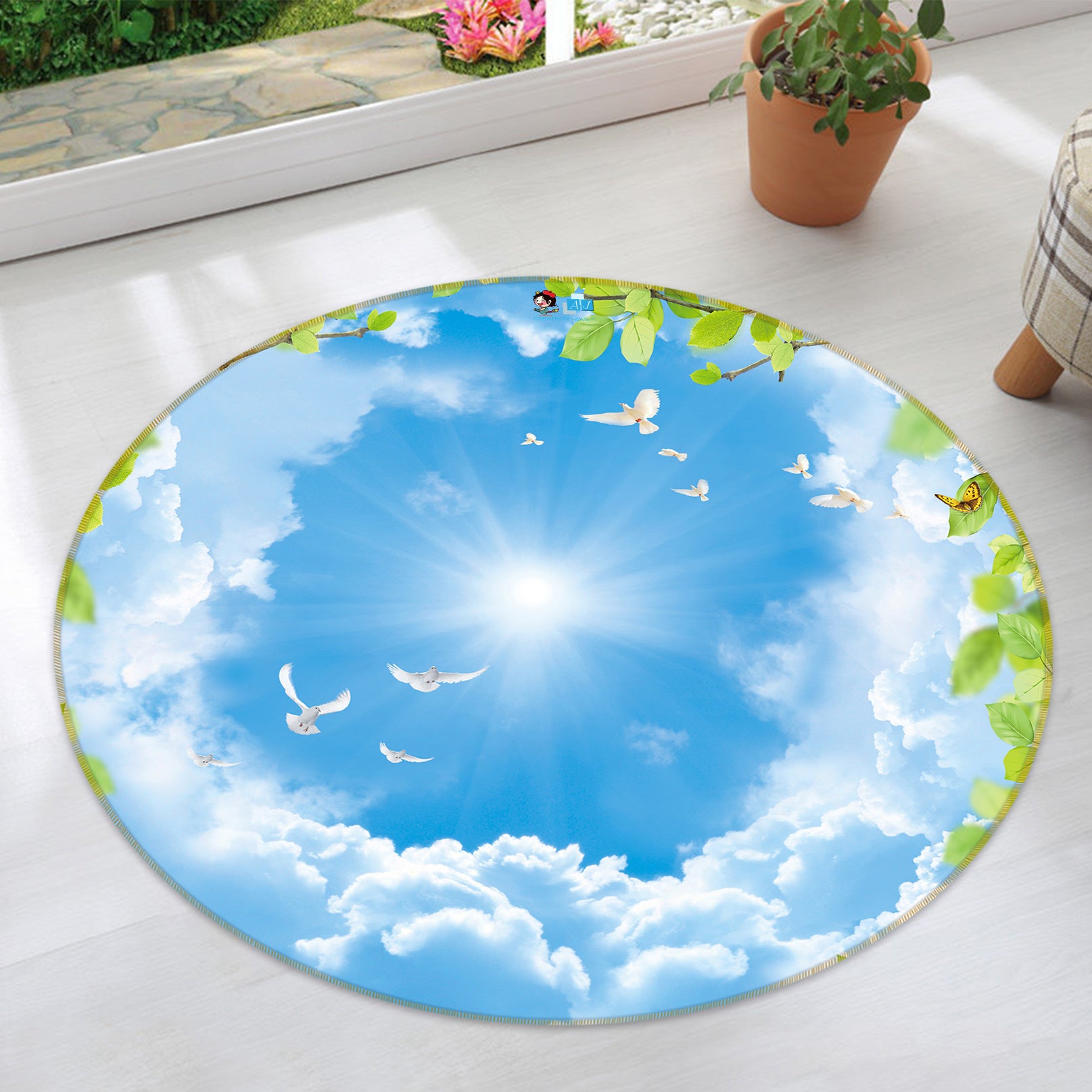 3D Blue Sky White Clouds 72277 Round Non Slip Rug Mat