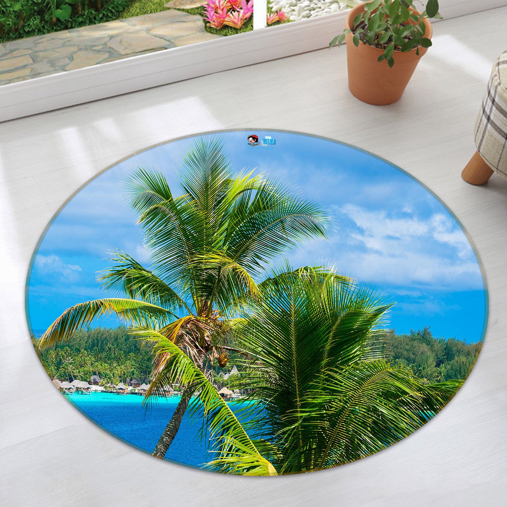 3D Coconut Tree 72199 Round Non Slip Rug Mat