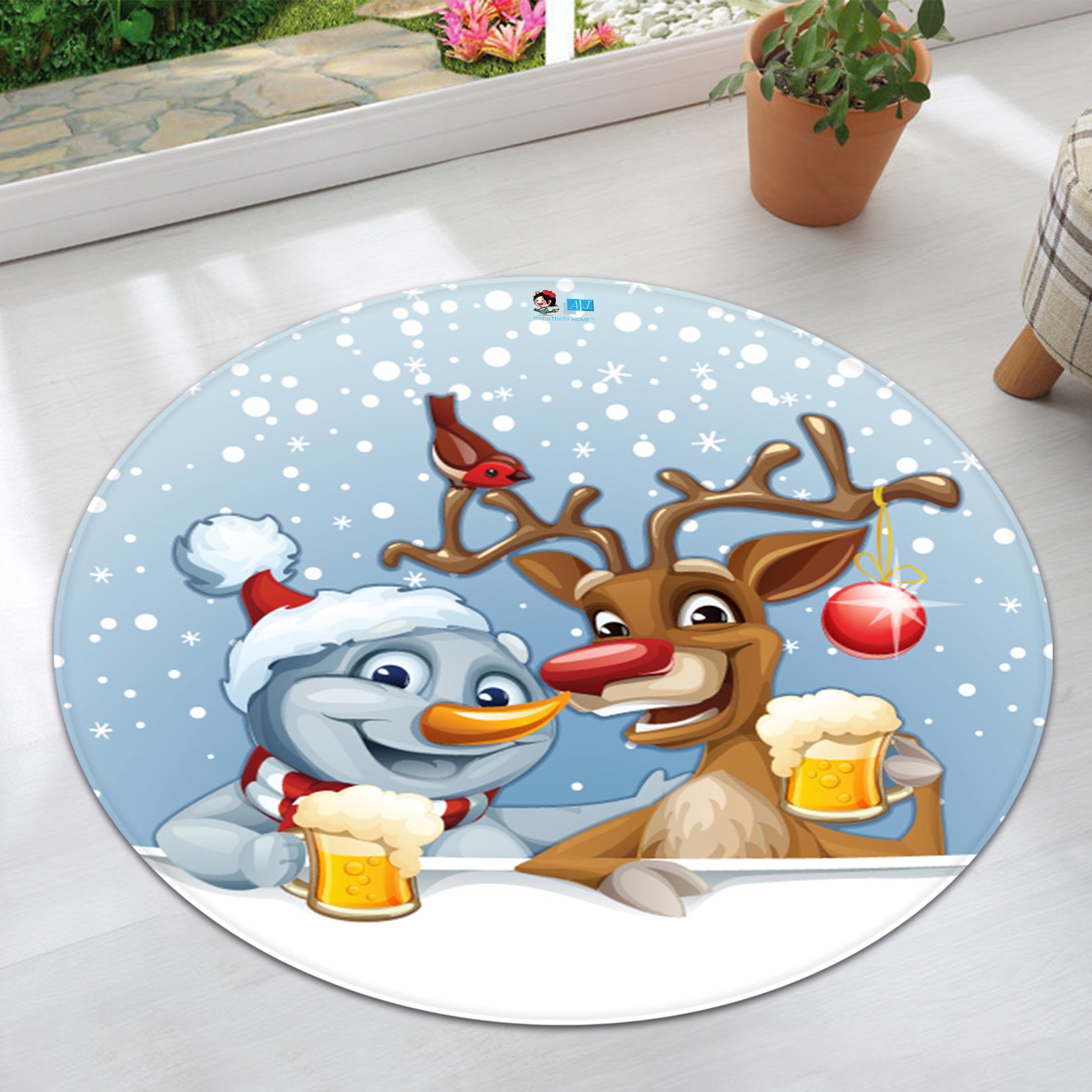 3D Snowman Deer Beer 66011 Christmas Round Non Slip Rug Mat Xmas