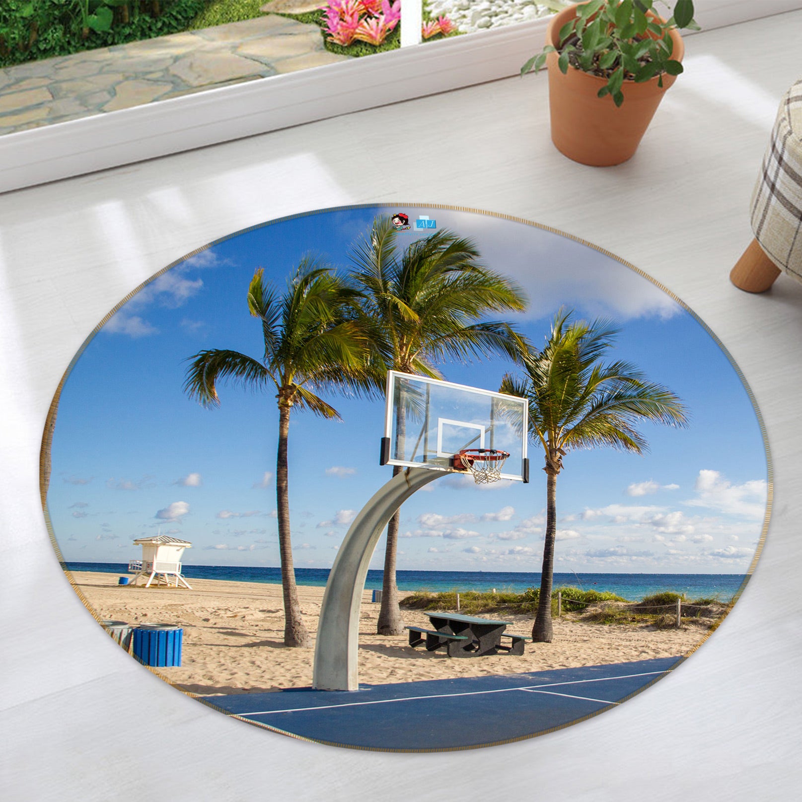 3D Coconut Tree Beach Basketball Court 72245 Round Non Slip Rug Mat