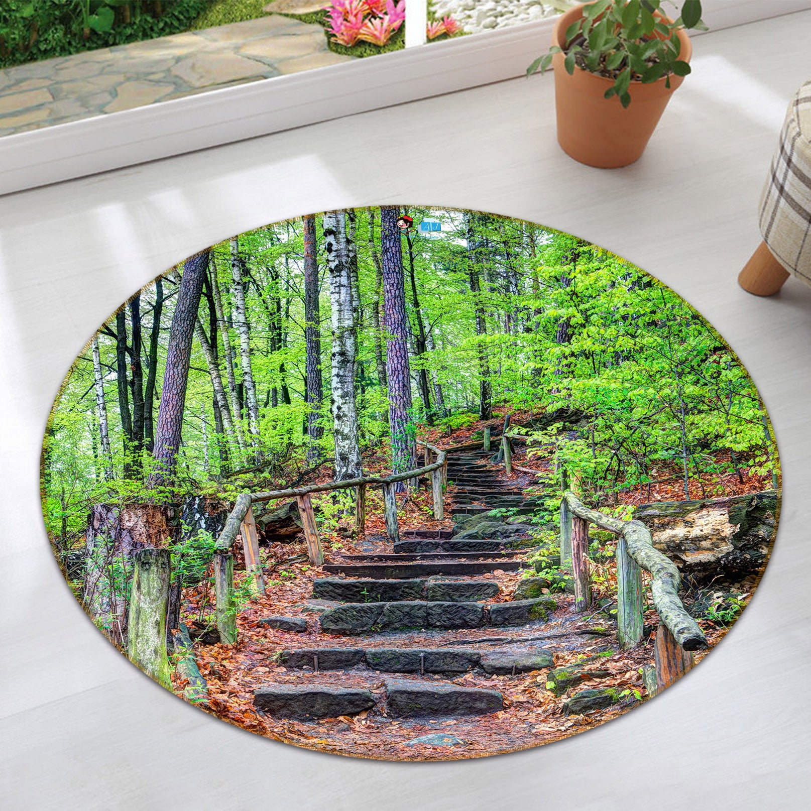 3D Wood Stairs 72085 Round Non Slip Rug Mat