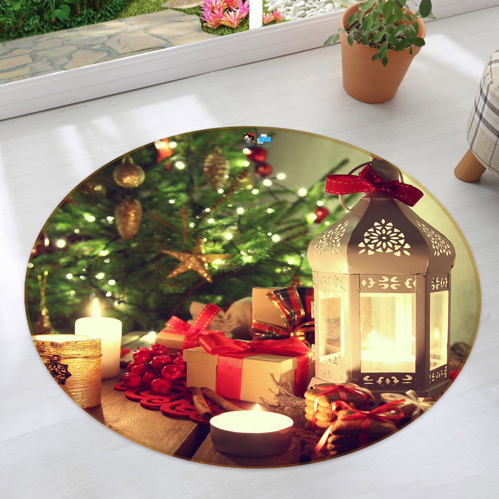 3D Candle Tree 54014 Christmas Round Non Slip Rug Mat Xmas