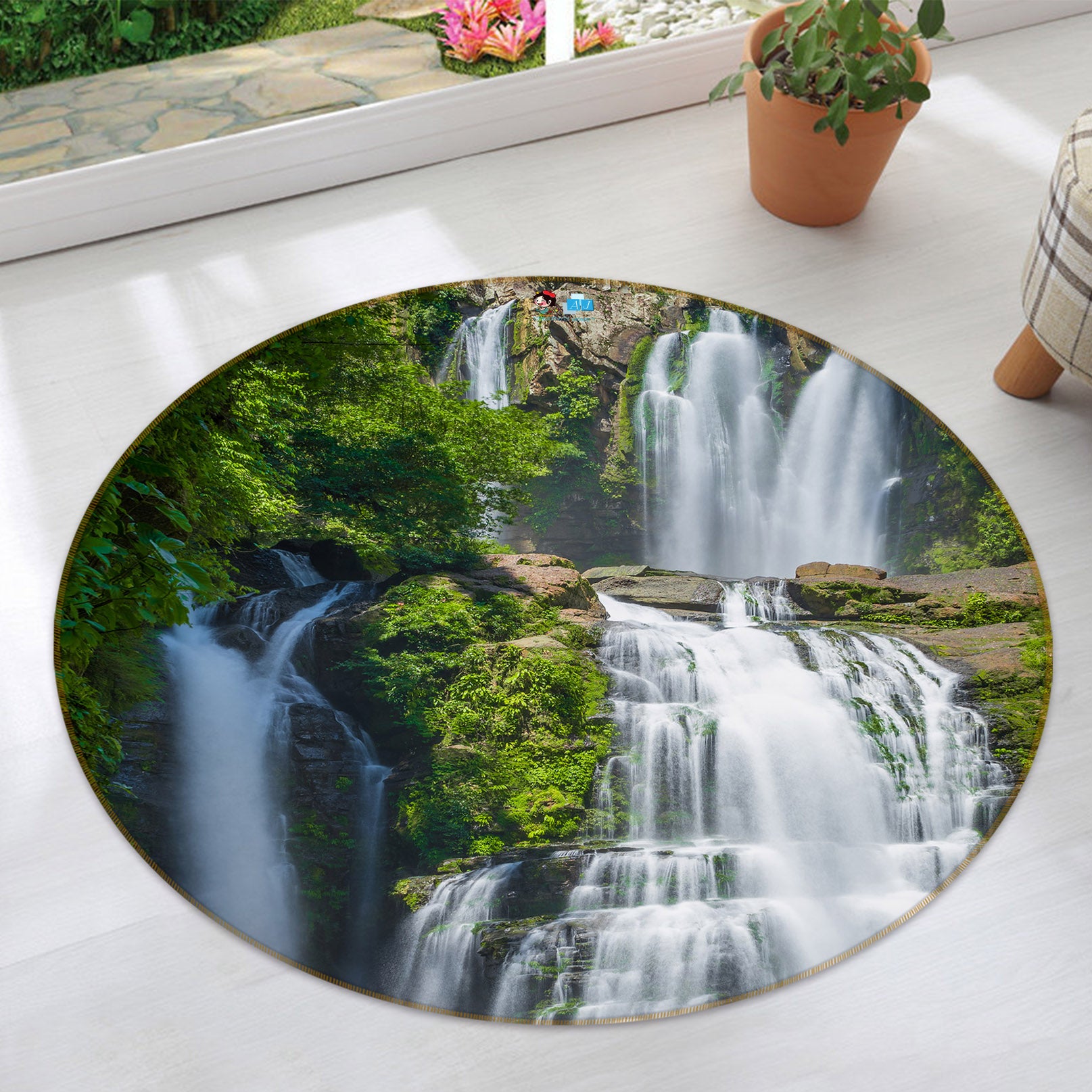 3D Mountain Waterfall 69129 Round Non Slip Rug Mat