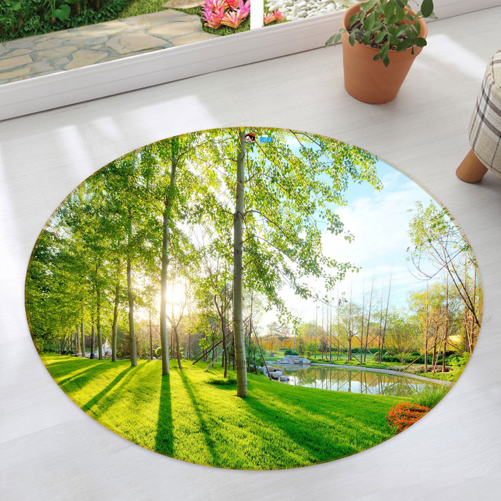 3D Trees Sunlight Grass 72266 Round Non Slip Rug Mat
