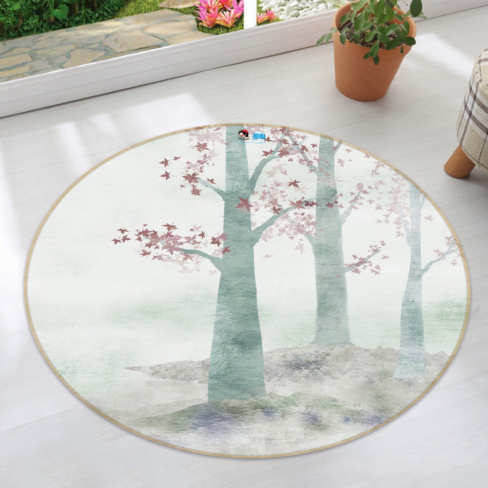 3D Misty Trees 74066 Round Non Slip Rug Mat