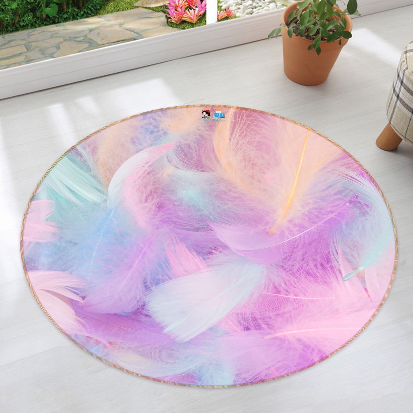3D Color Feather 81201 Round Non Slip Rug Mat