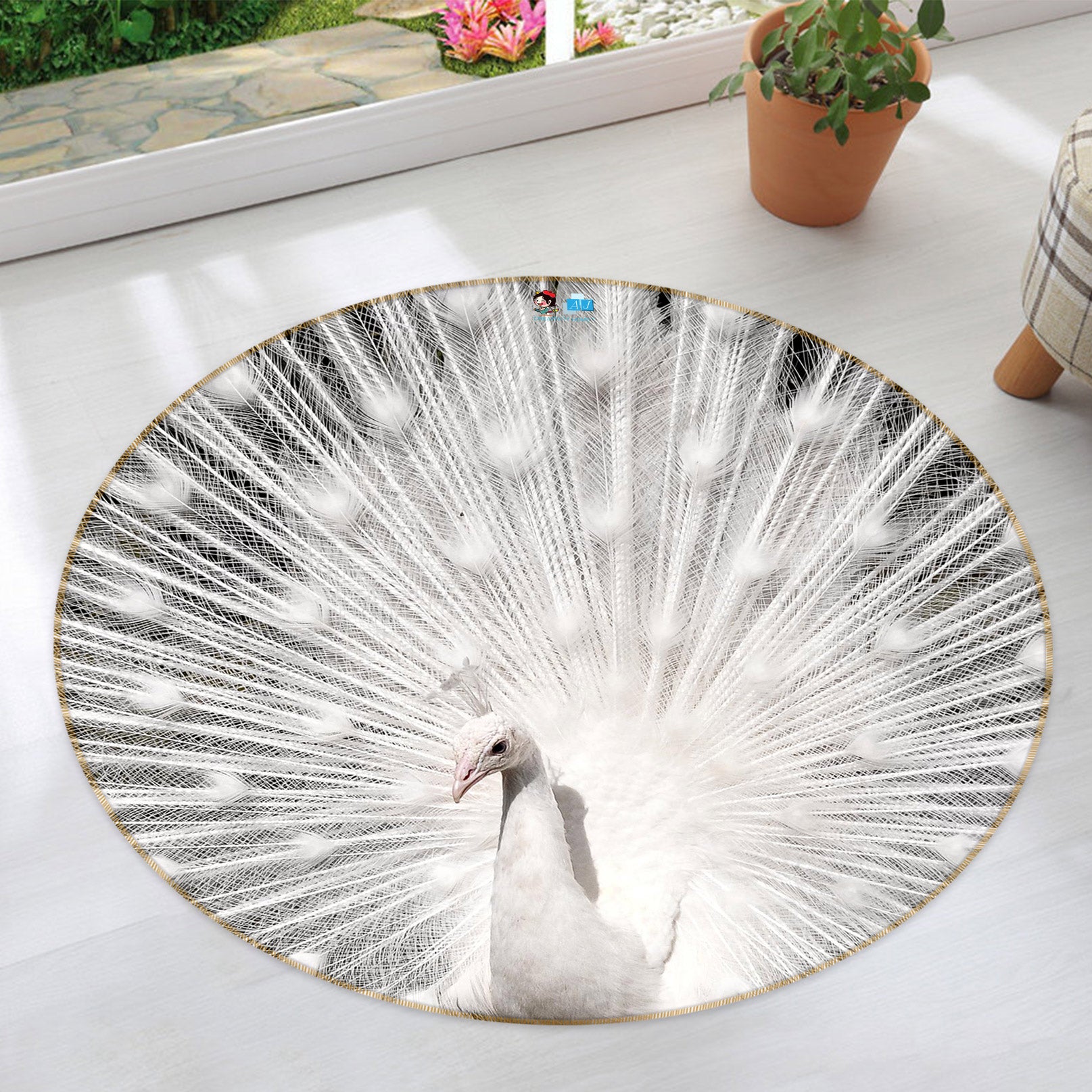 3D White Peacock 81155 Round Non Slip Rug Mat