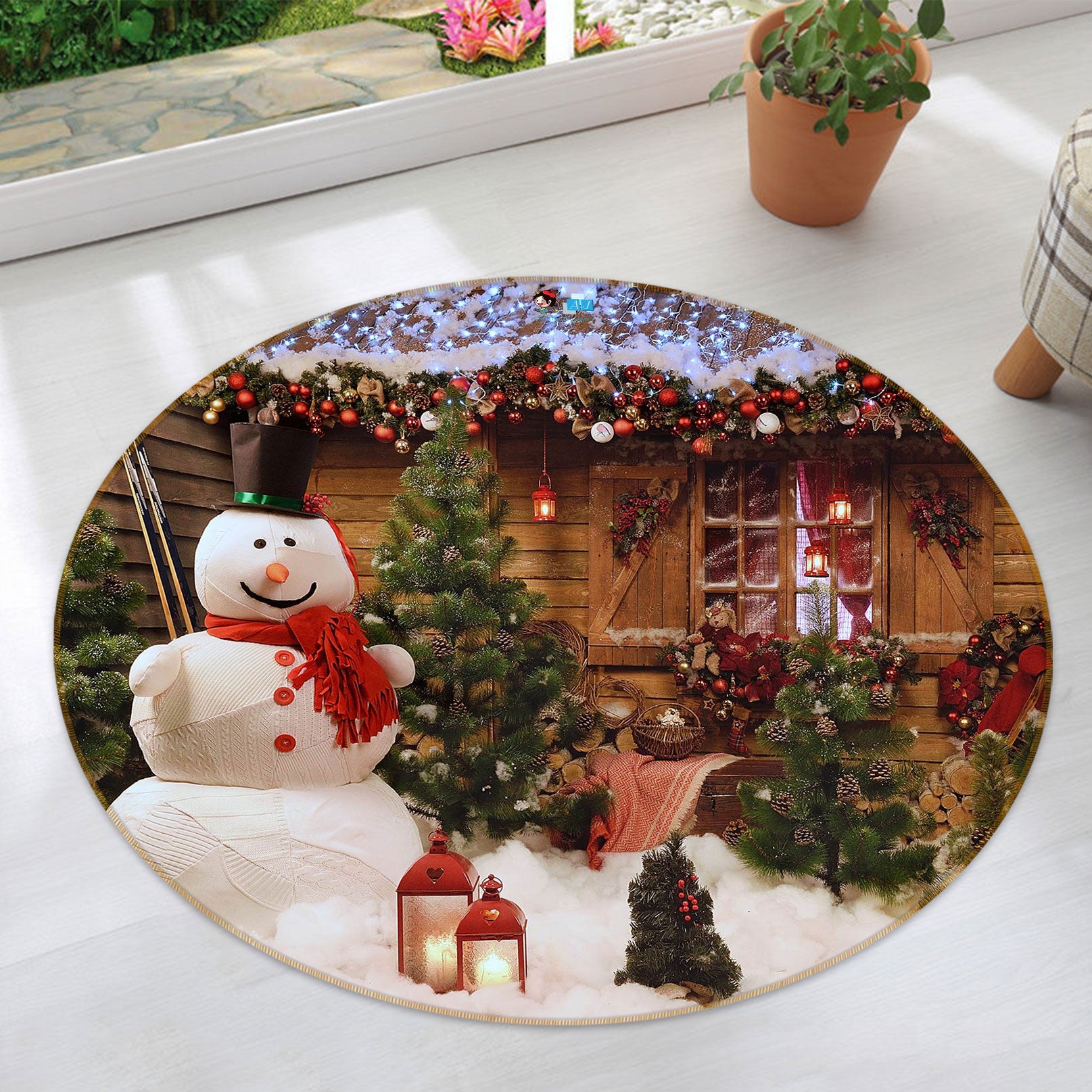 3D Snow Wooden House 54083 Christmas Round Non Slip Rug Mat Xmas