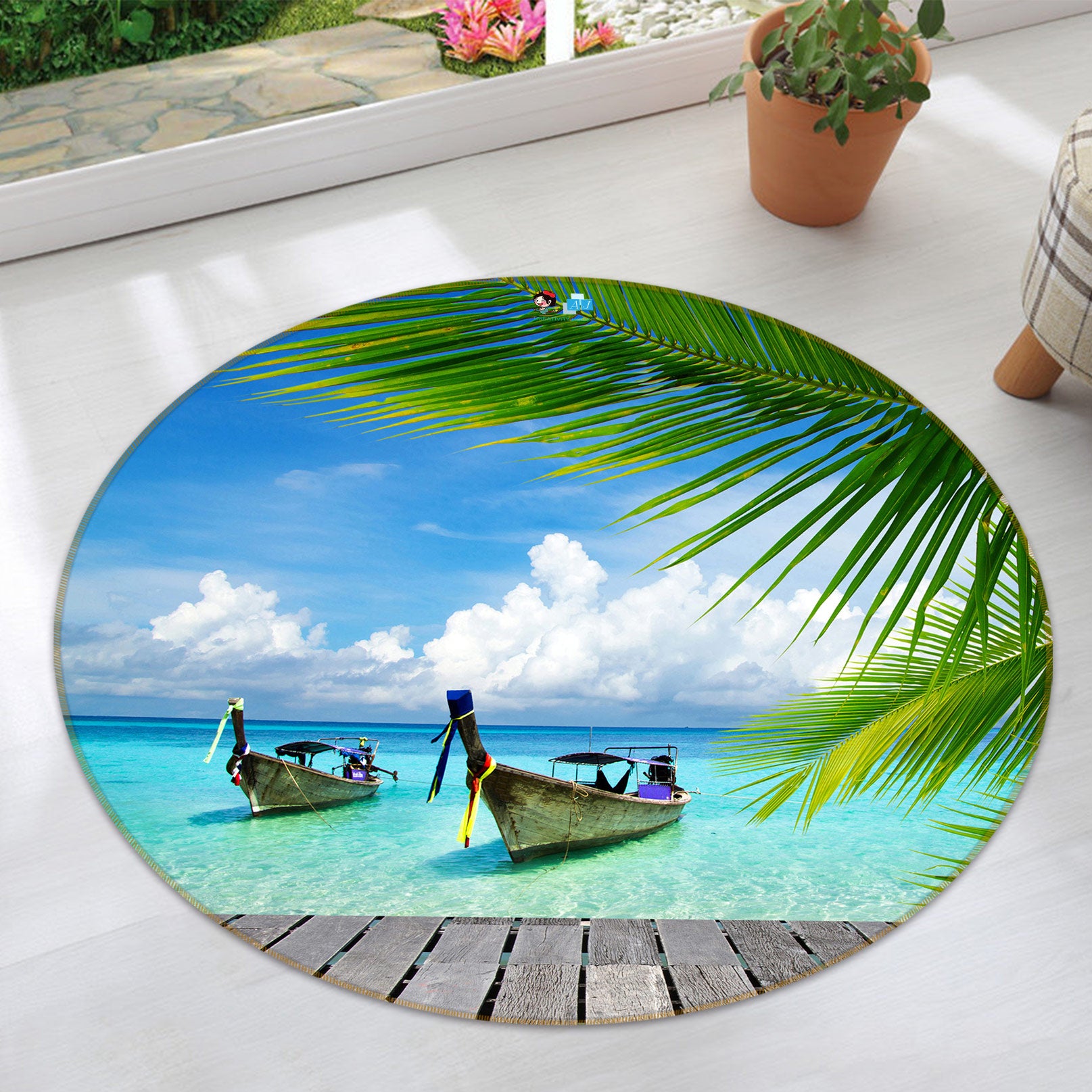 3D Ferry Coconut Tree 72251 Round Non Slip Rug Mat