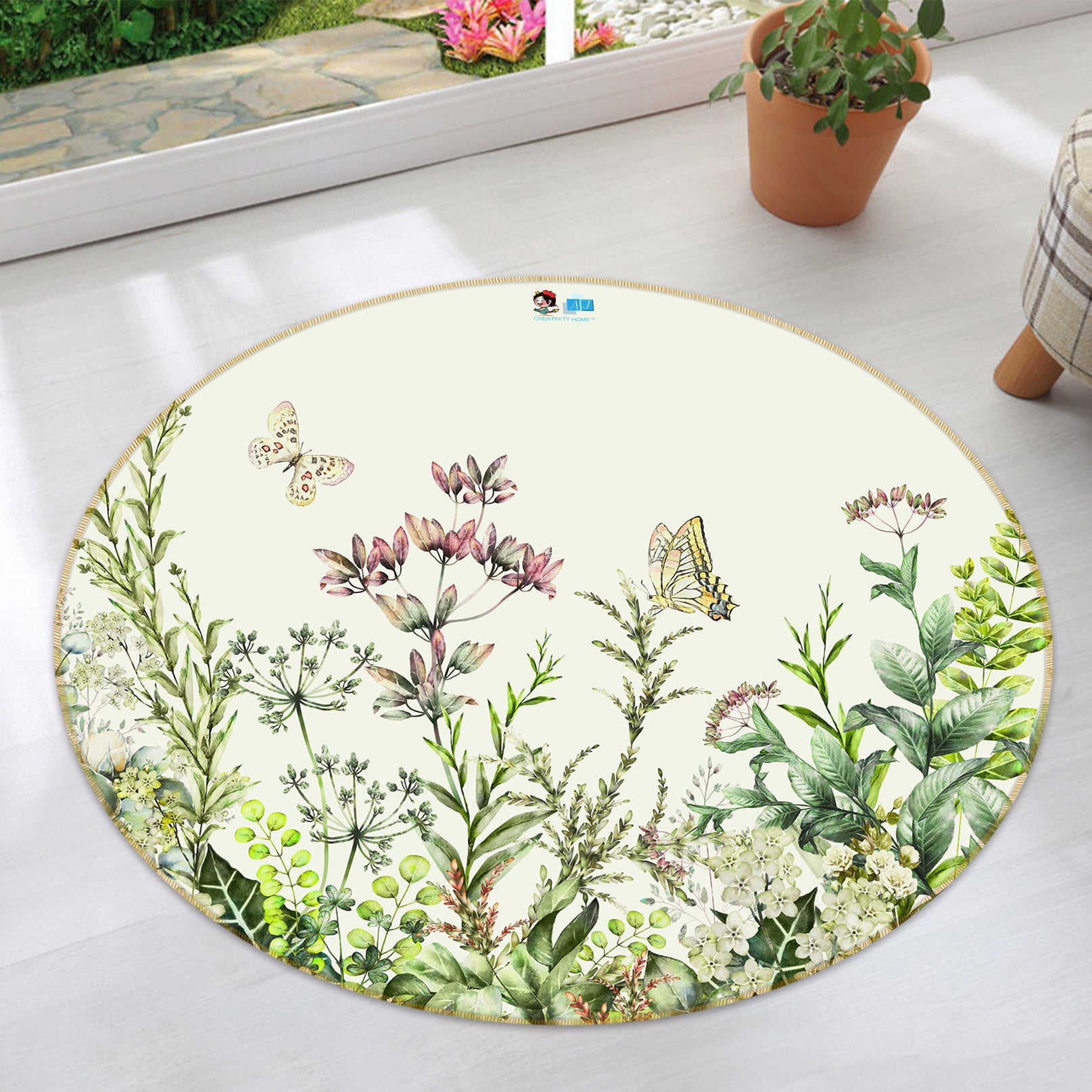 3D Hand Painted Flower Bush 80233 Round Non Slip Rug Mat