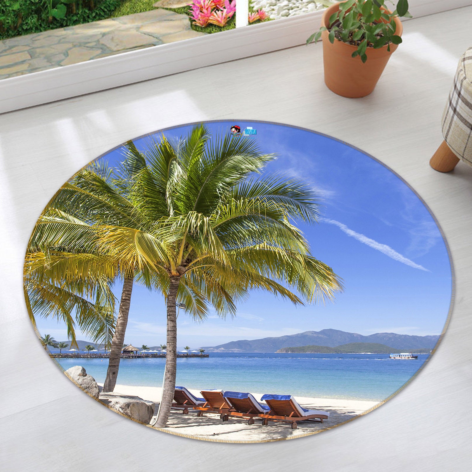 3D Coconut Beach 74201 Round Non Slip Rug Mat