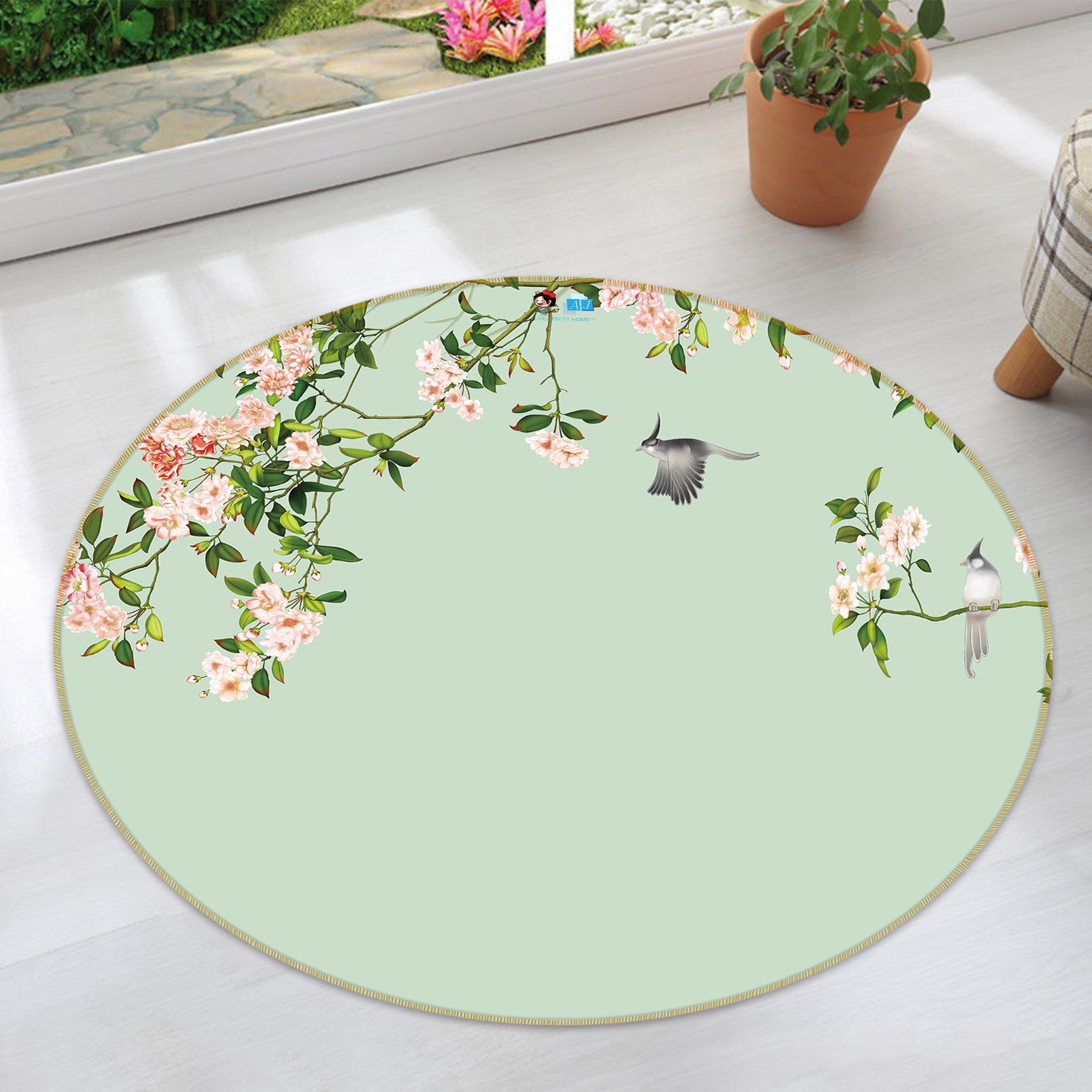3D Flower Branch Bird 73010 Round Non Slip Rug Mat