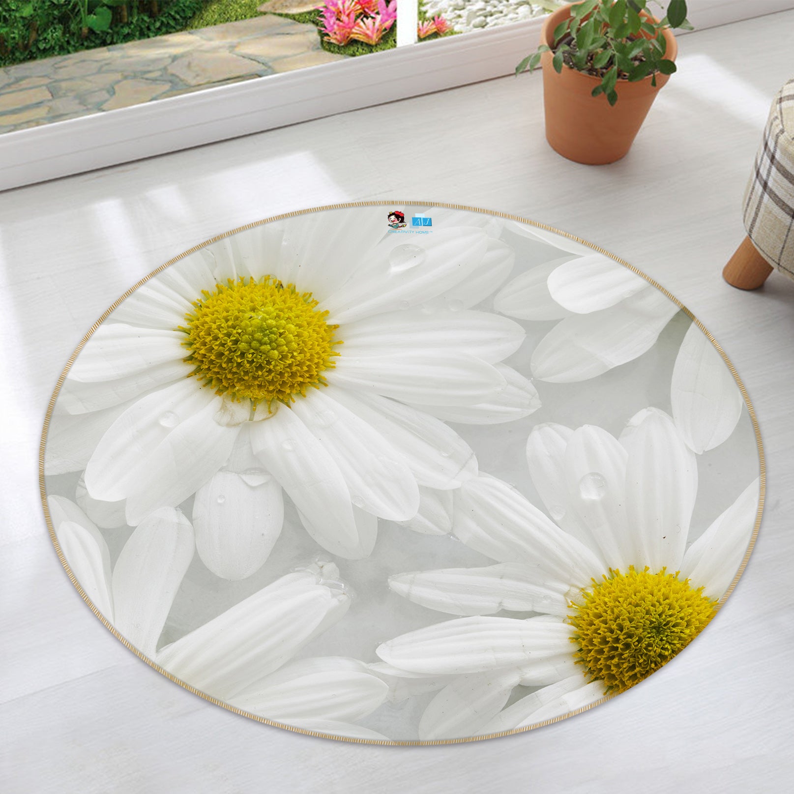 3D White Flowers 74037 Round Non Slip Rug Mat