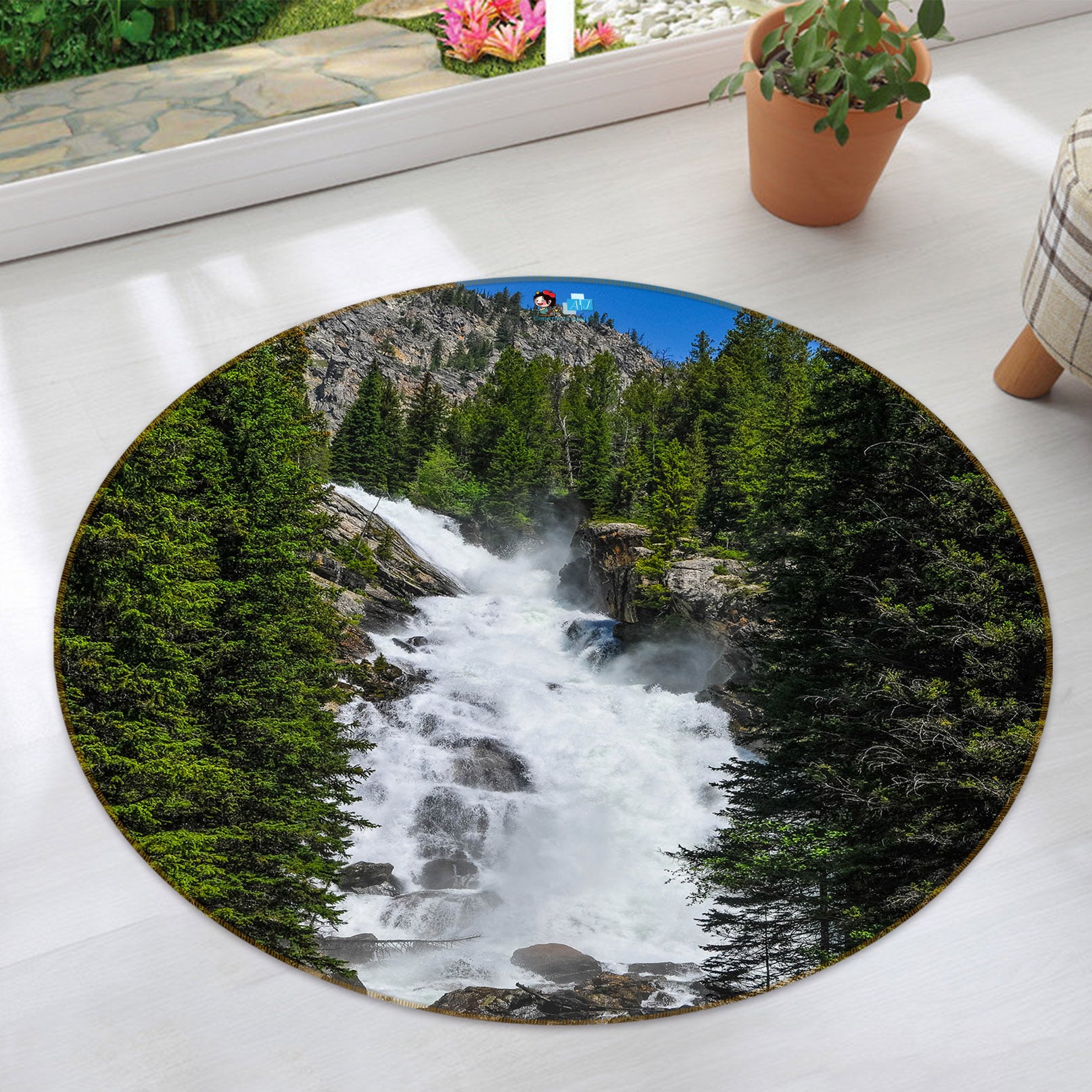 3D Forest Running Water 69110 Round Non Slip Rug Mat