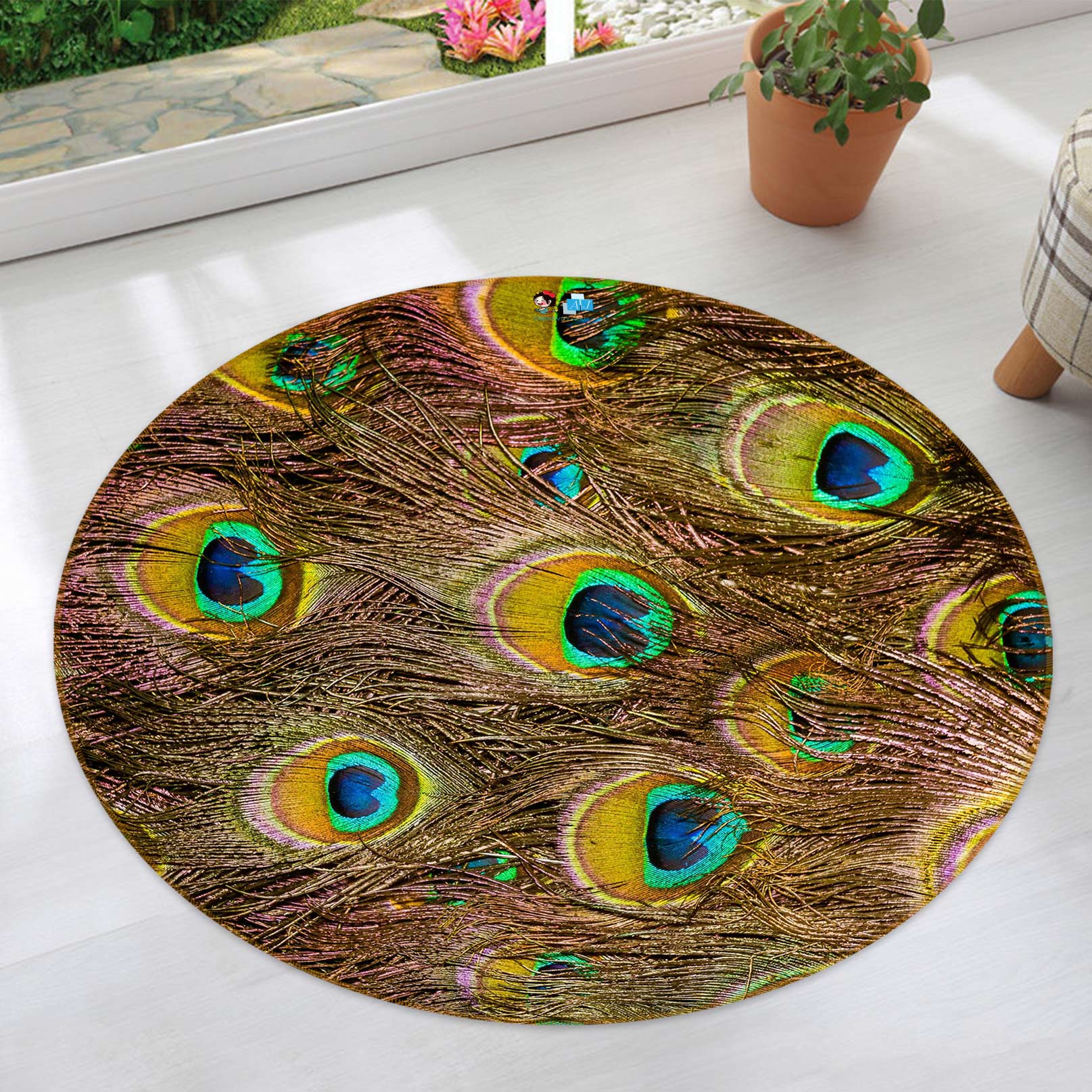 3D Peacock Feather 81171 Round Non Slip Rug Mat