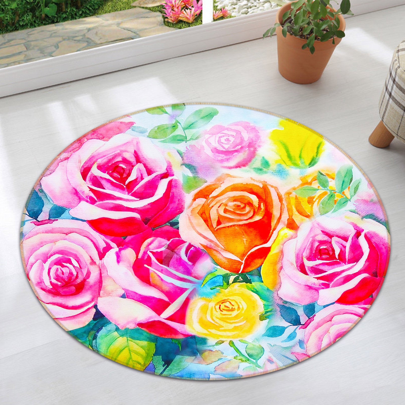 3D Pink Yellow Flowers 71222 Round Non Slip Rug Mat