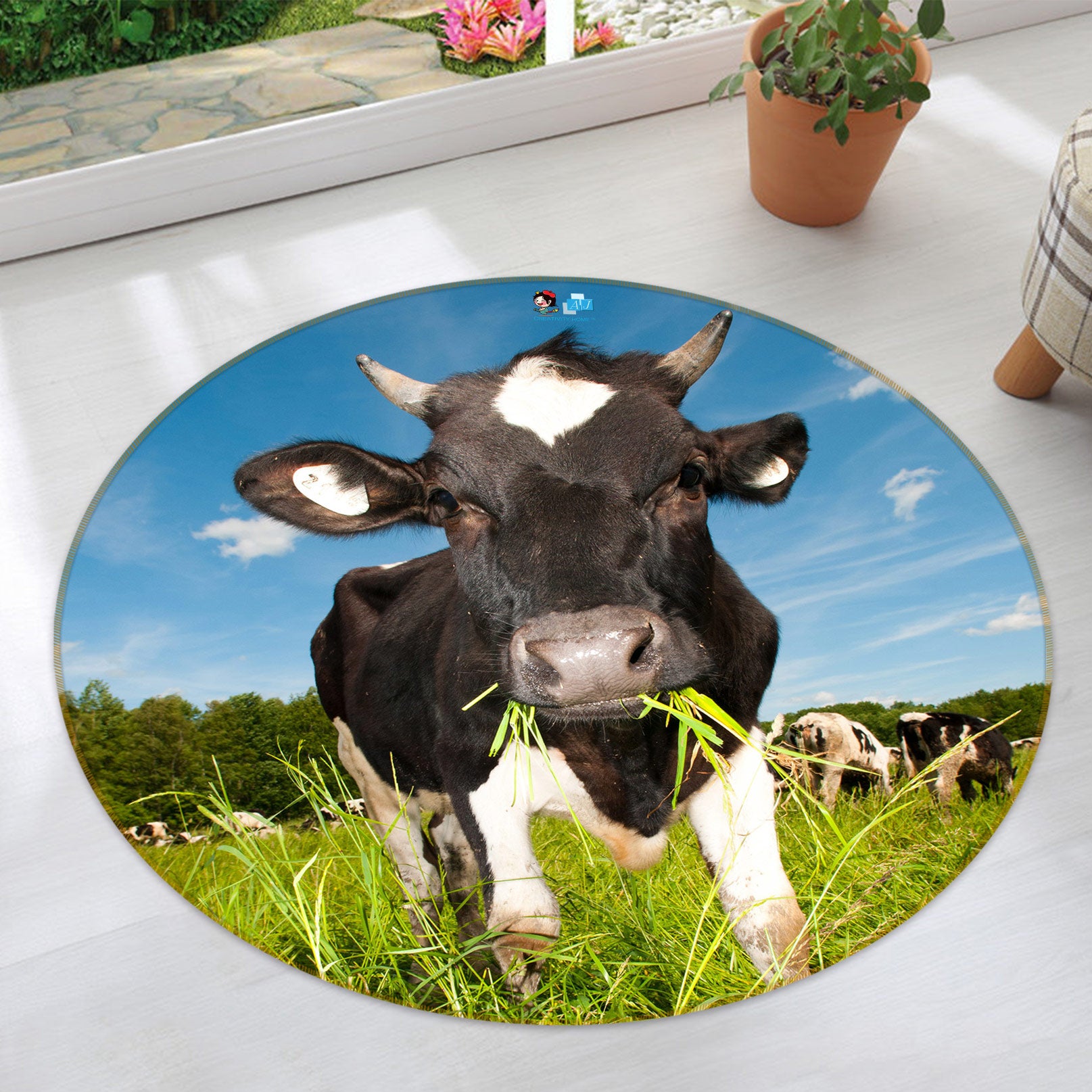 3D Cows Grass 72252 Round Non Slip Rug Mat