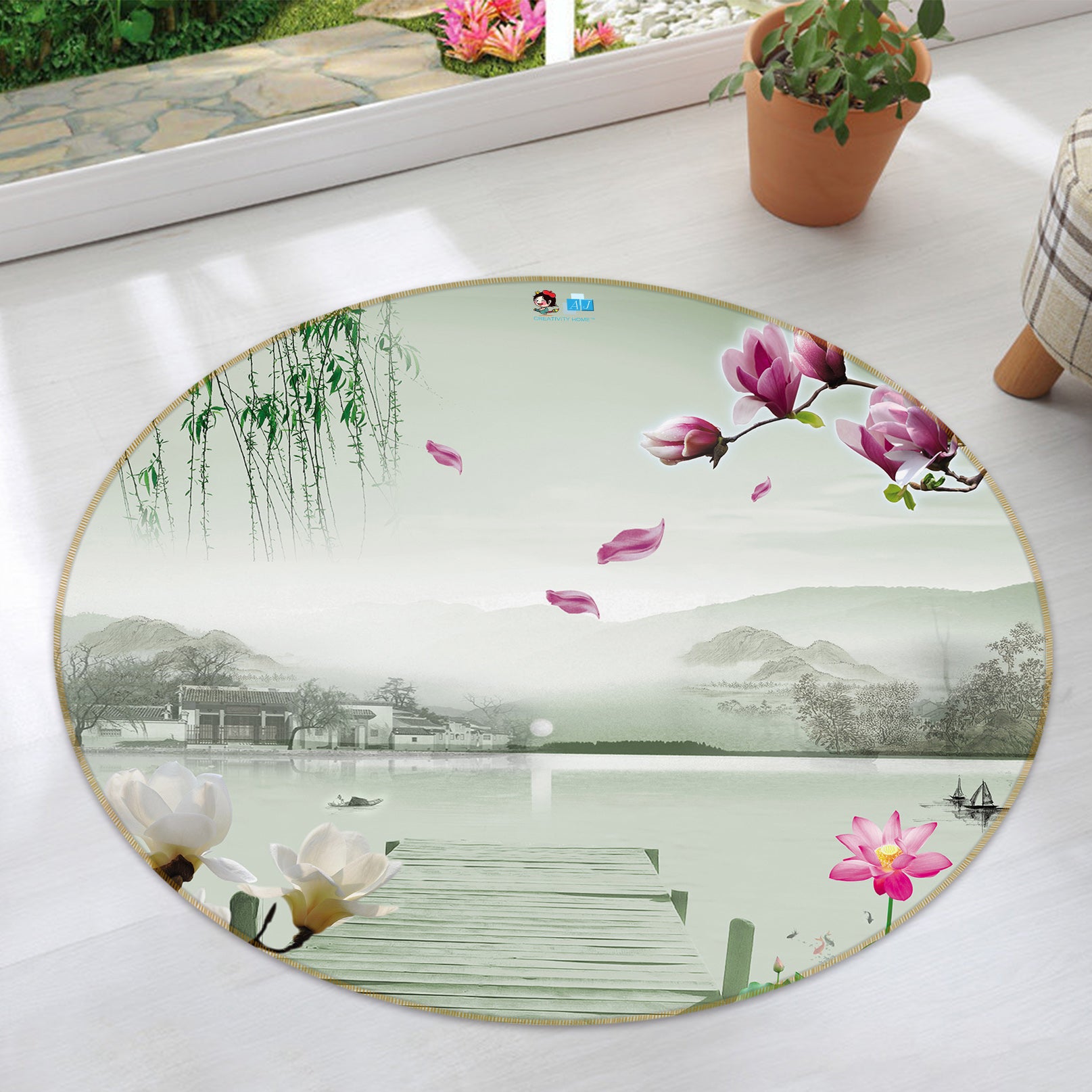 3D Wooden Bridge Lake 74100 Round Non Slip Rug Mat