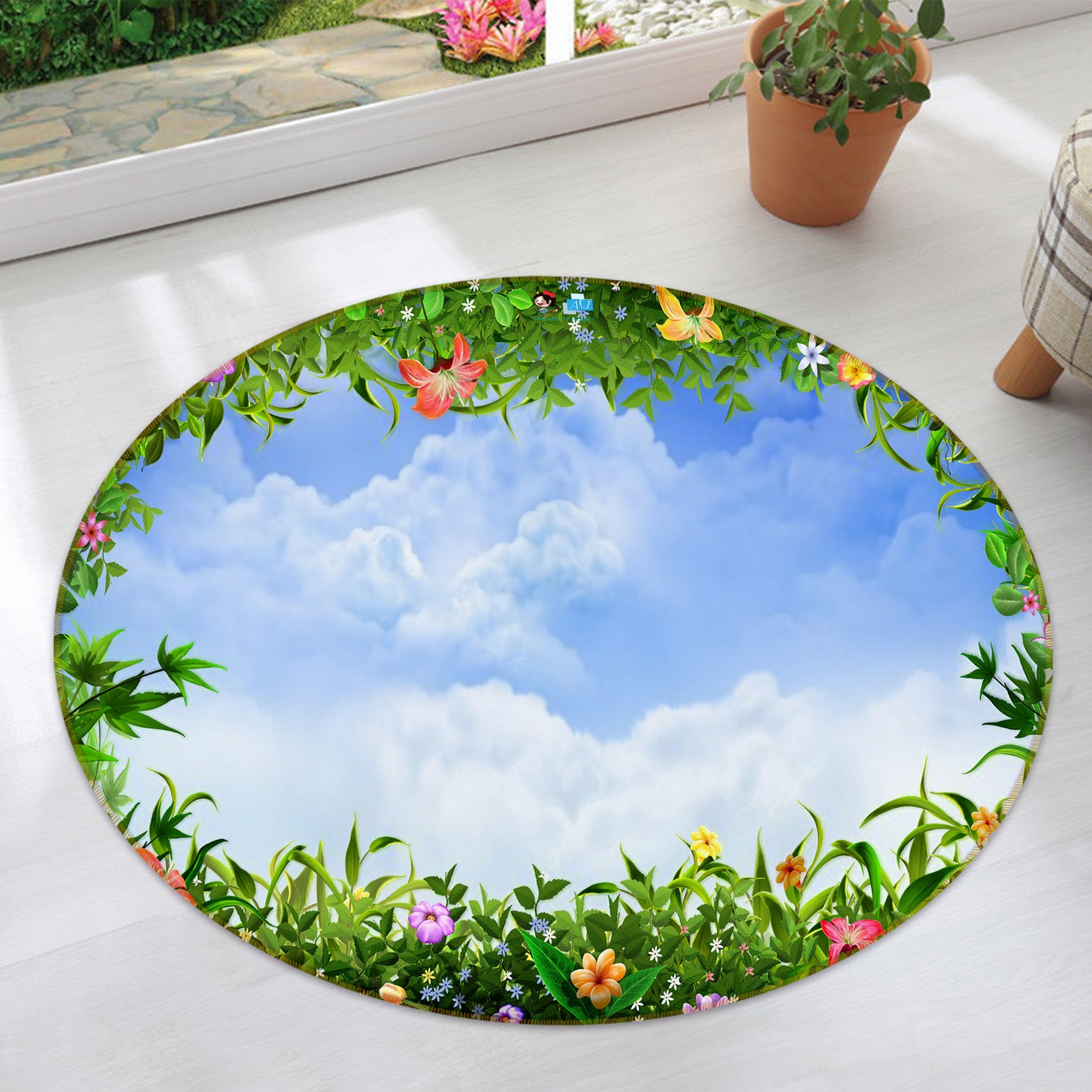 3D Sky Flower Grass 74080 Round Non Slip Rug Mat