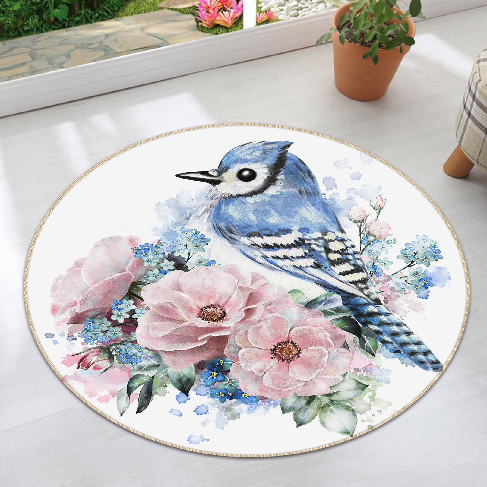 3D Flowers Bird 29012 Round Non Slip Rug Mat