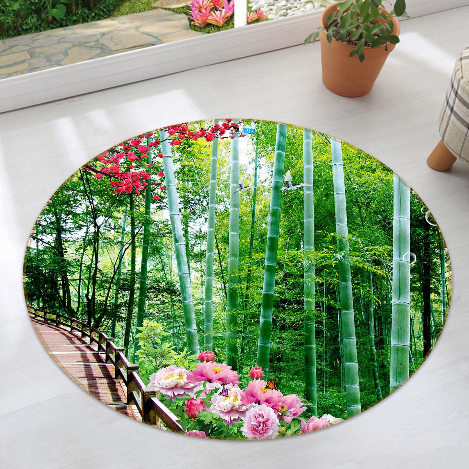3D Bamboo Forest Flower 81018 Round Non Slip Rug Mat