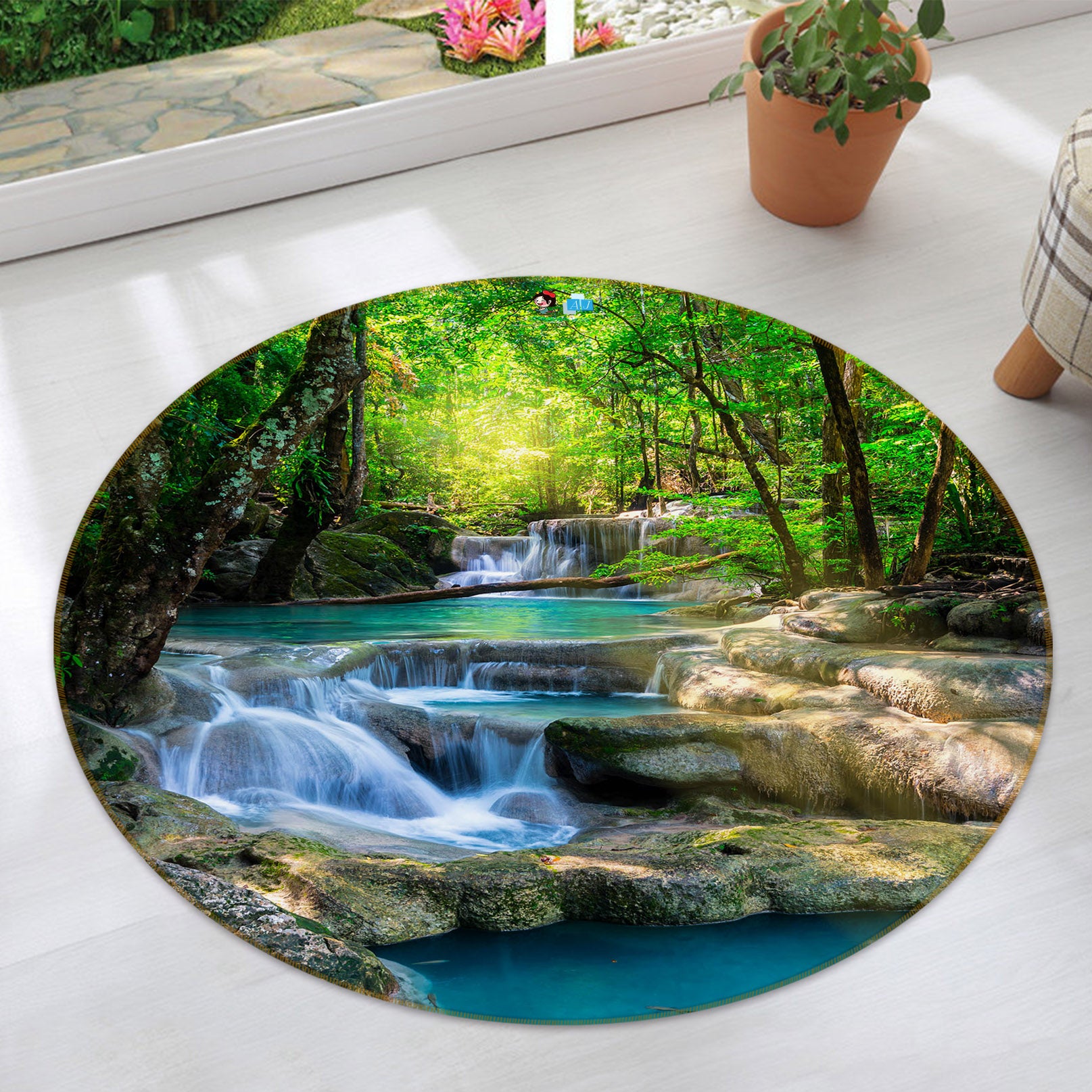 3D Forest Running Water 69154 Round Non Slip Rug Mat