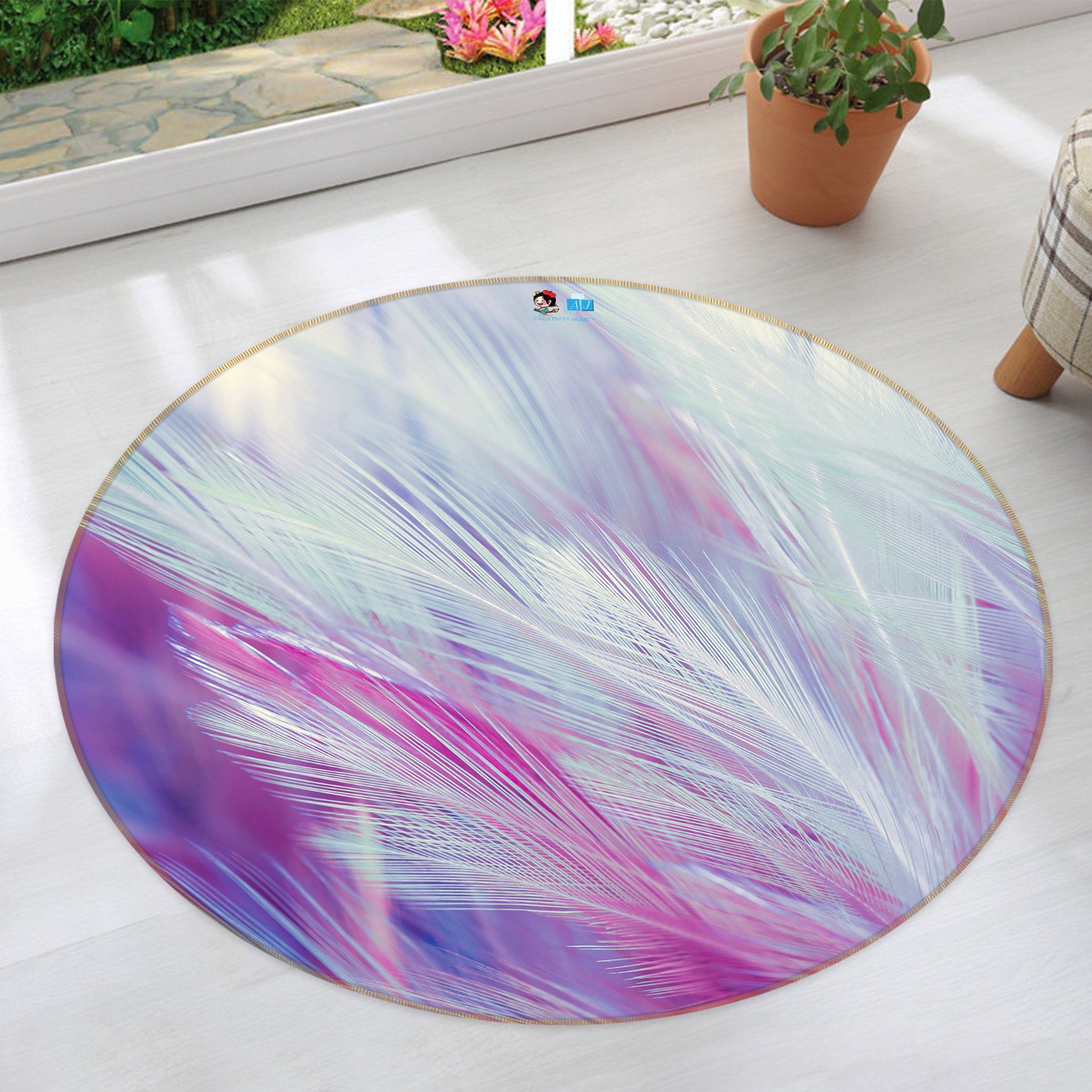 3D Purple Feather 81217 Round Non Slip Rug Mat