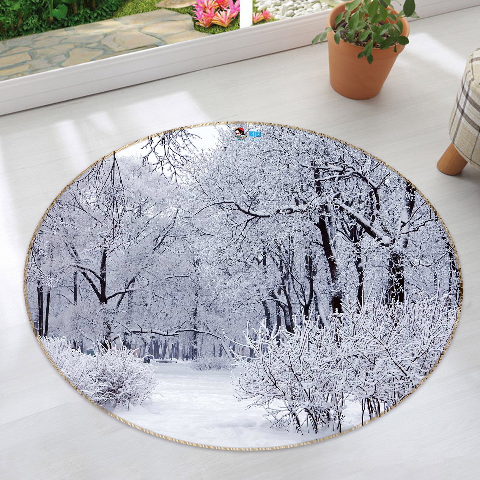 3D White Snow Forest 72144 Round Non Slip Rug Mat