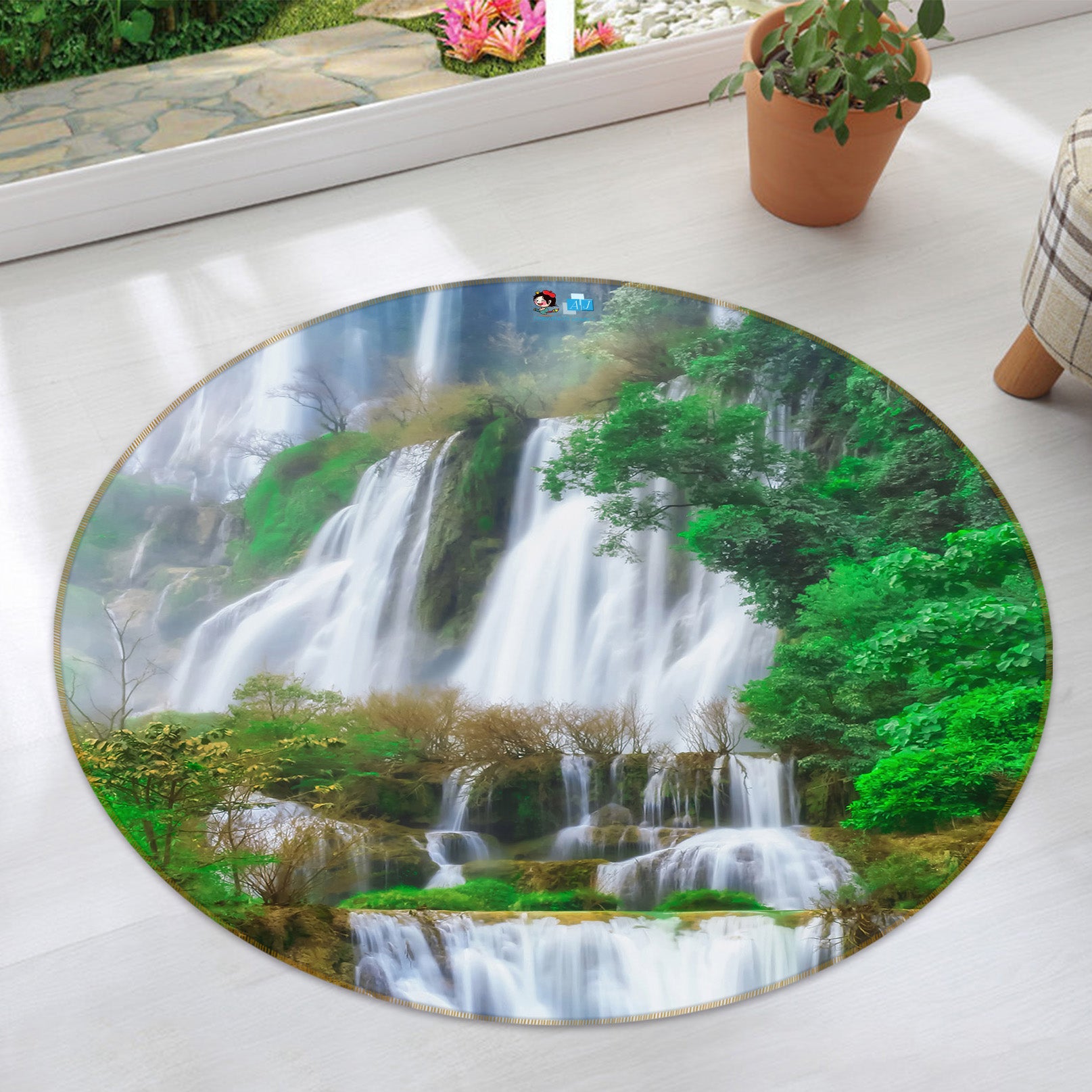 3D Mountain Waterfall 69119 Round Non Slip Rug Mat