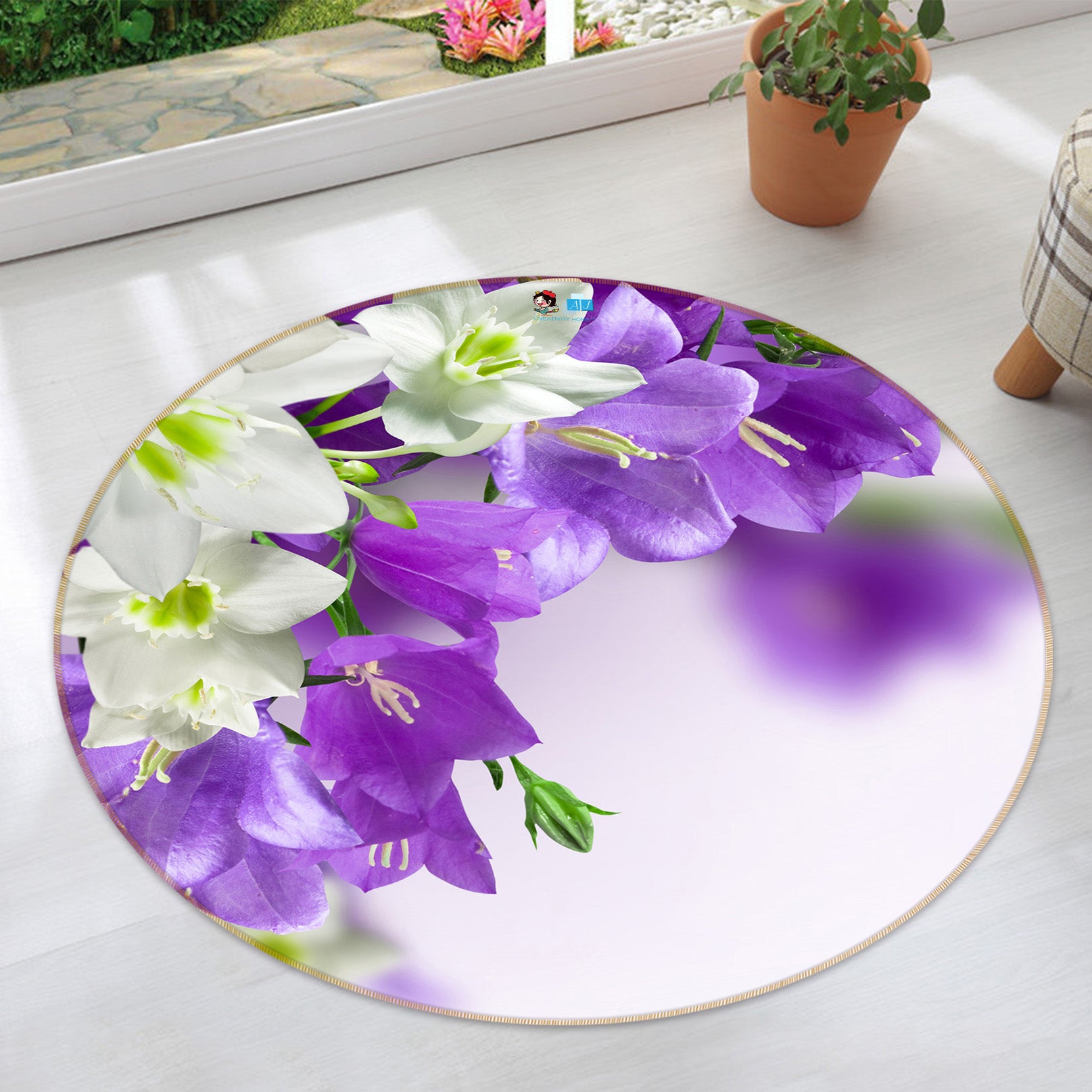 3D Purple Flowers 72059 Round Non Slip Rug Mat