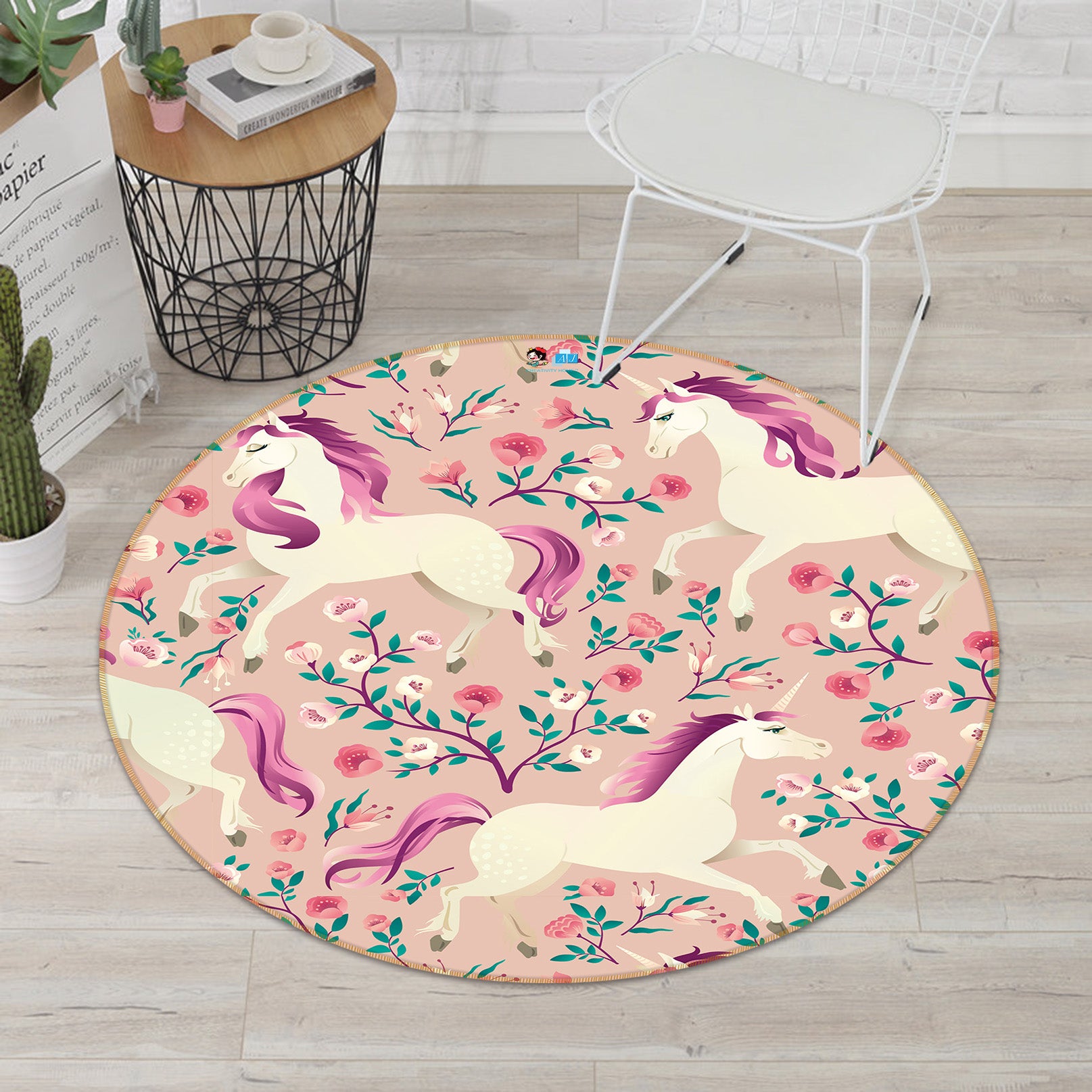 3D Flowers Unicorn Pattern 81127 Round Non Slip Rug Mat