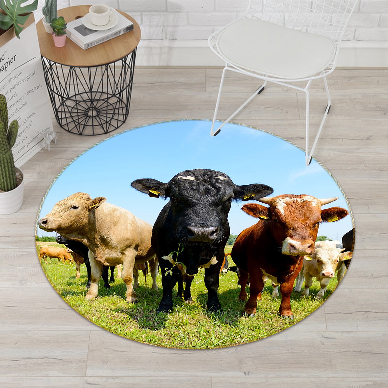 3D Grass Cows 82209 Animal Round Non Slip Rug Mat
